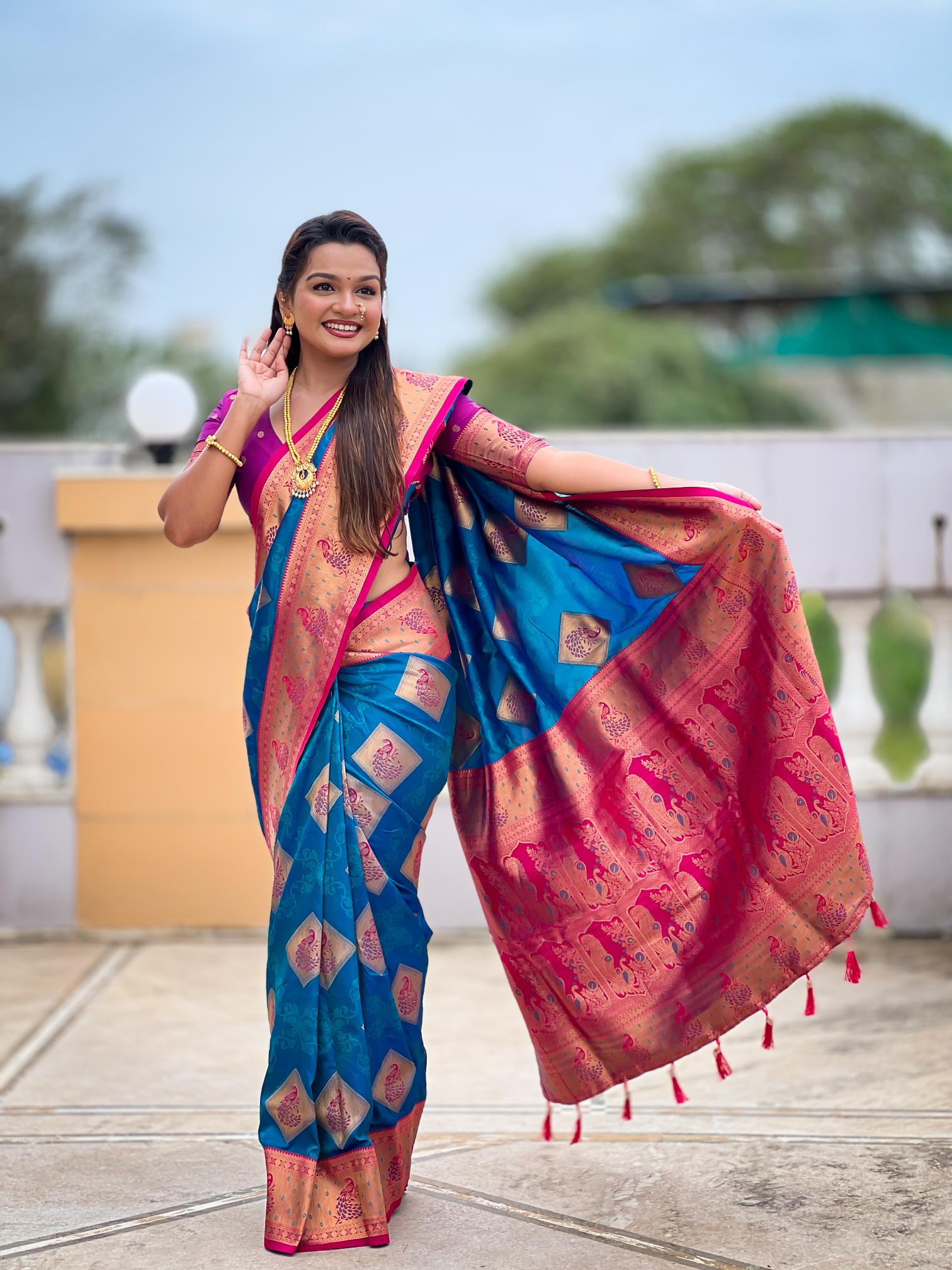 Premium Peacock Blue Banarasi Silk Saree for Women