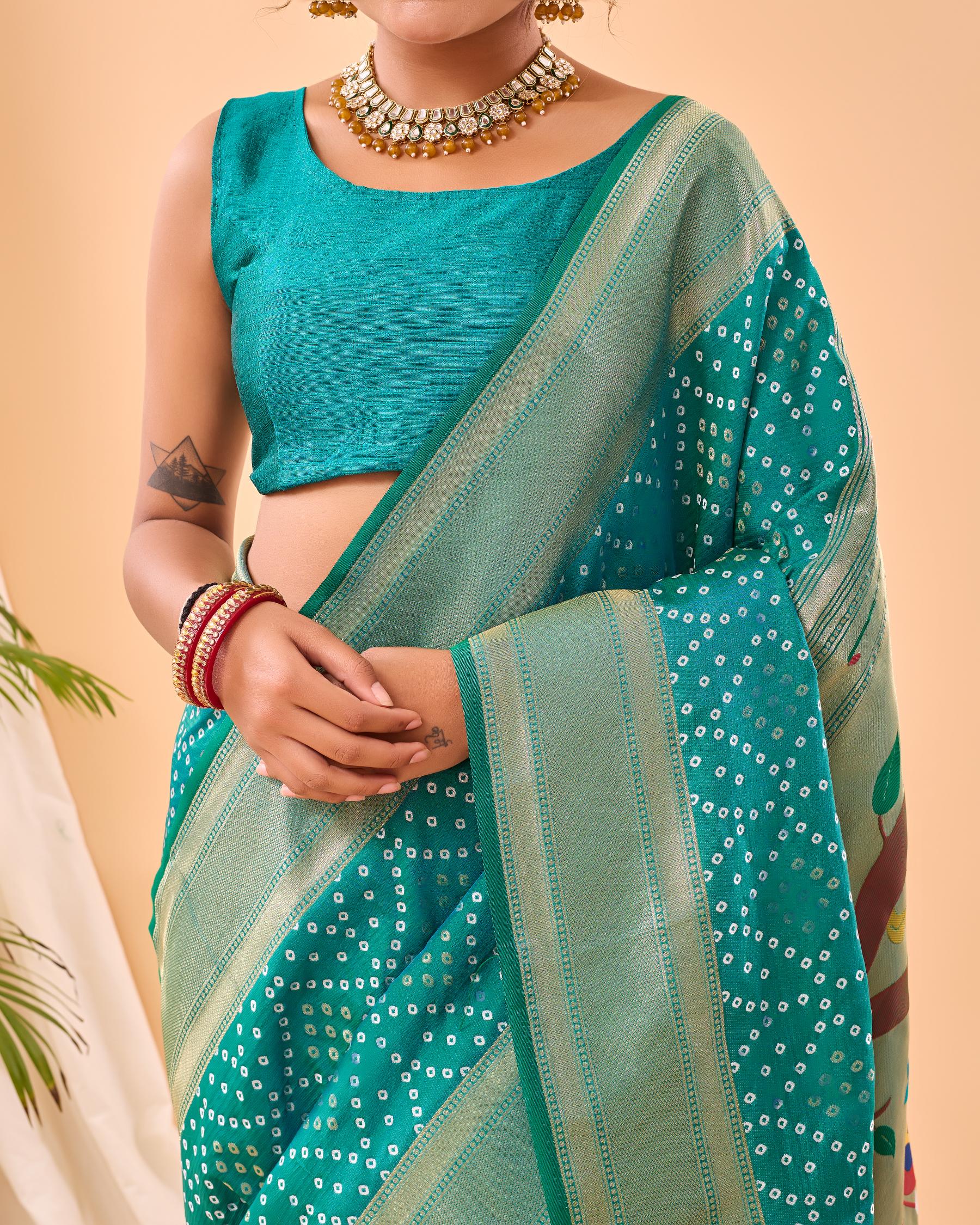 Women's Turquoise Bandhani Silk Saree with Printed Designer Pallu & Zari Border