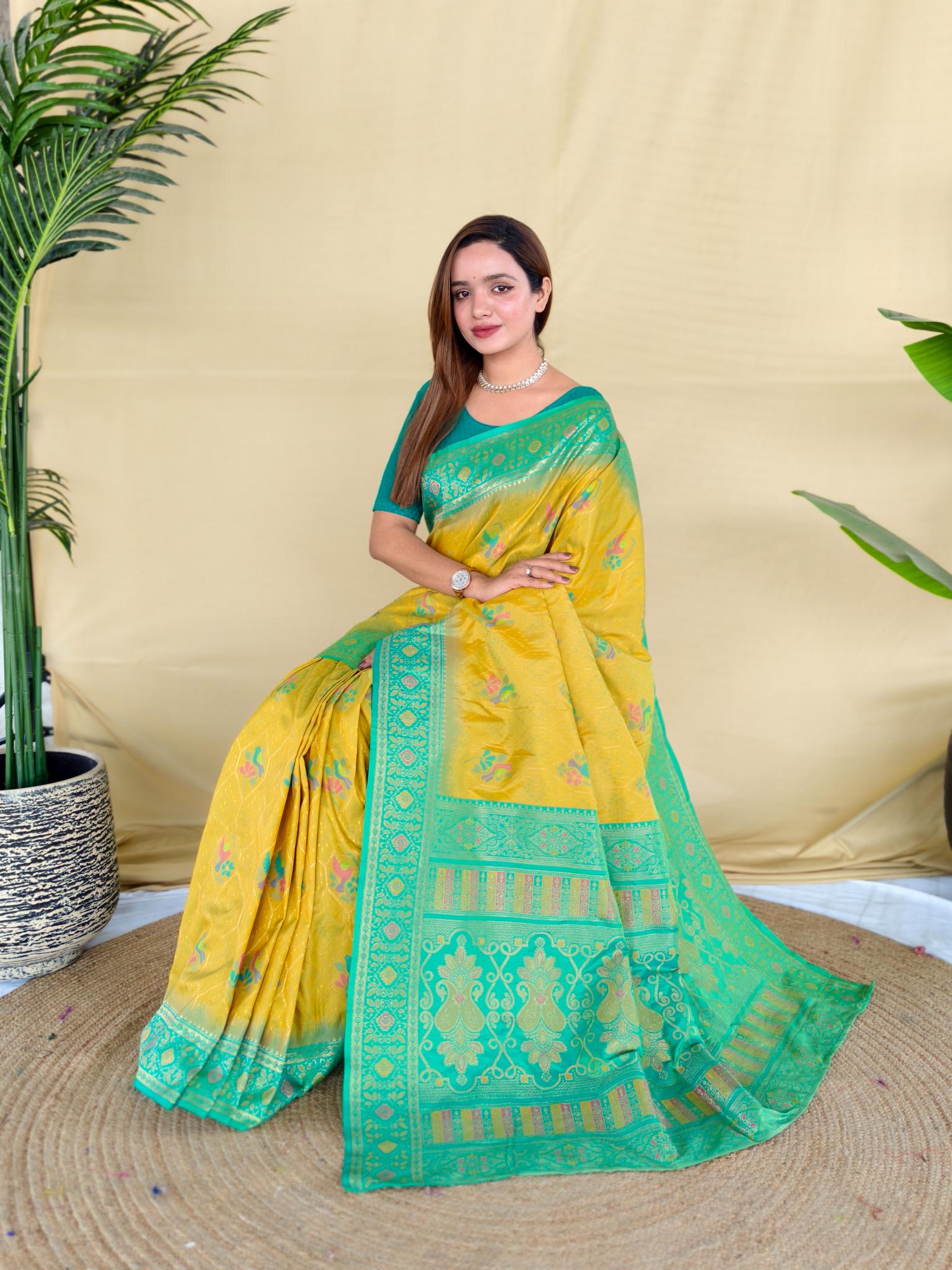 Yellow Banarasi Silk Saree with Sea Green Zari Woven Border & Rich Designer Pallu