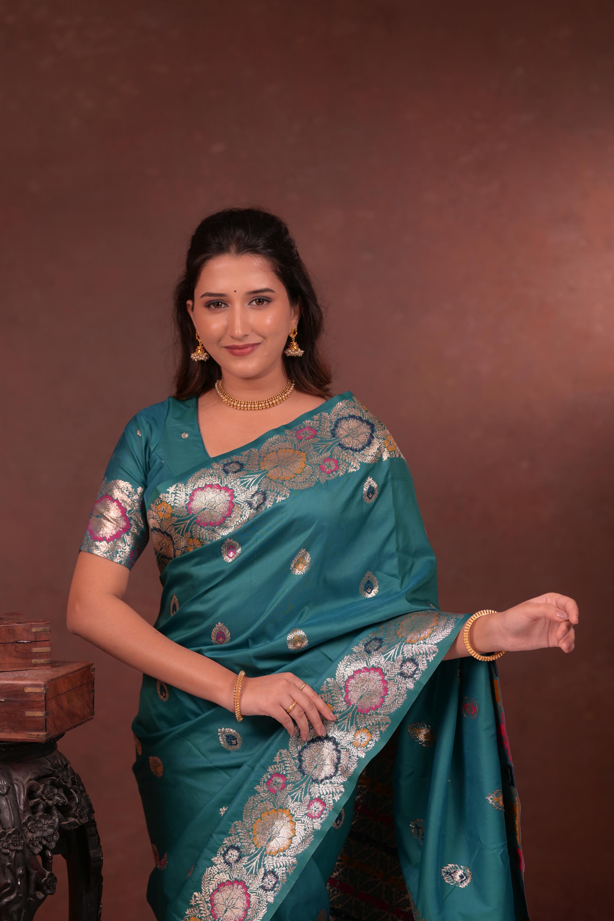 Teal Green Banarasi Silk Saree with Floral Zari Woven Border & Rich Designer Pallu