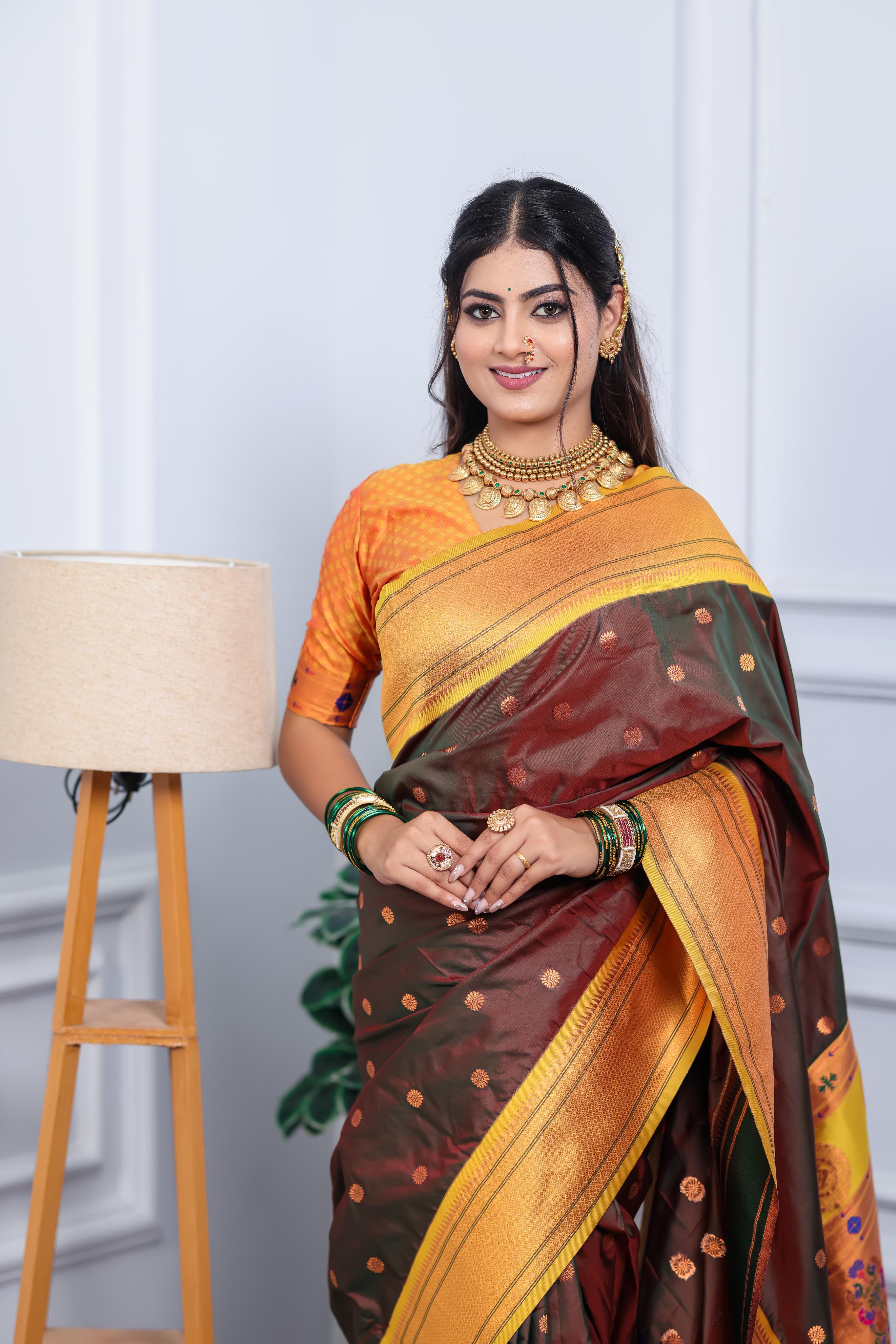 Brown Paithani Silk Saree with Golden Border, Butti Weaving & Designer Pallu