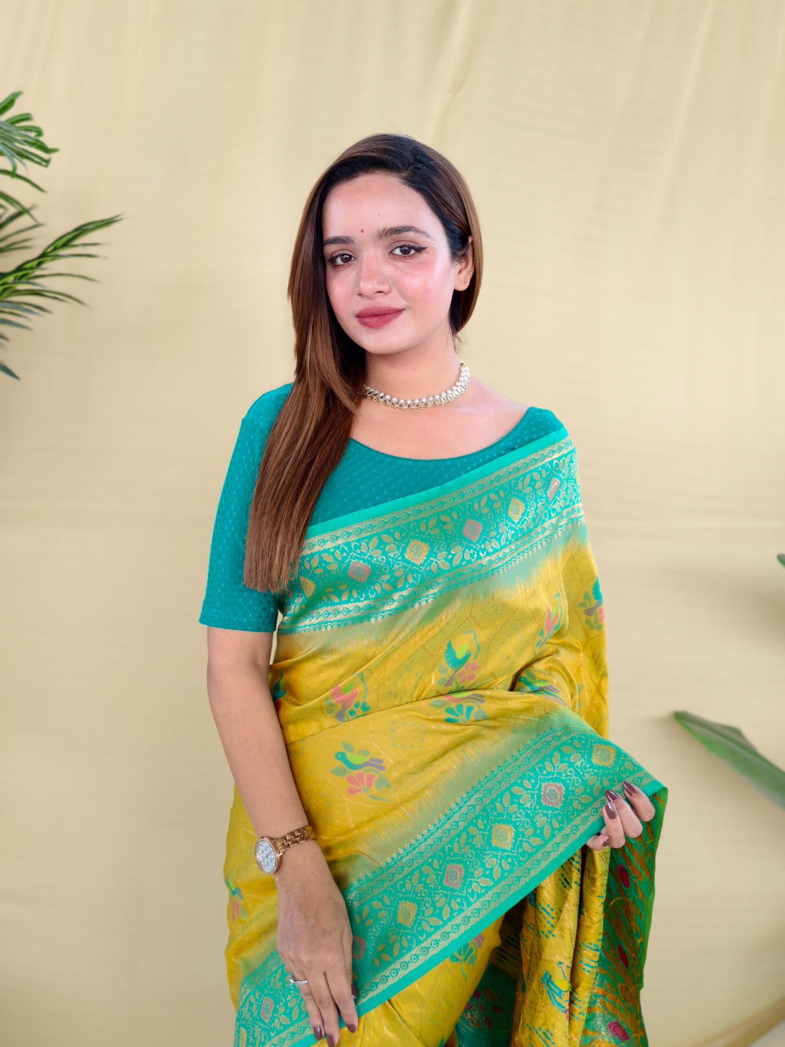 Yellow Banarasi Silk Saree with Sea Green Zari Woven Border & Rich Designer Pallu