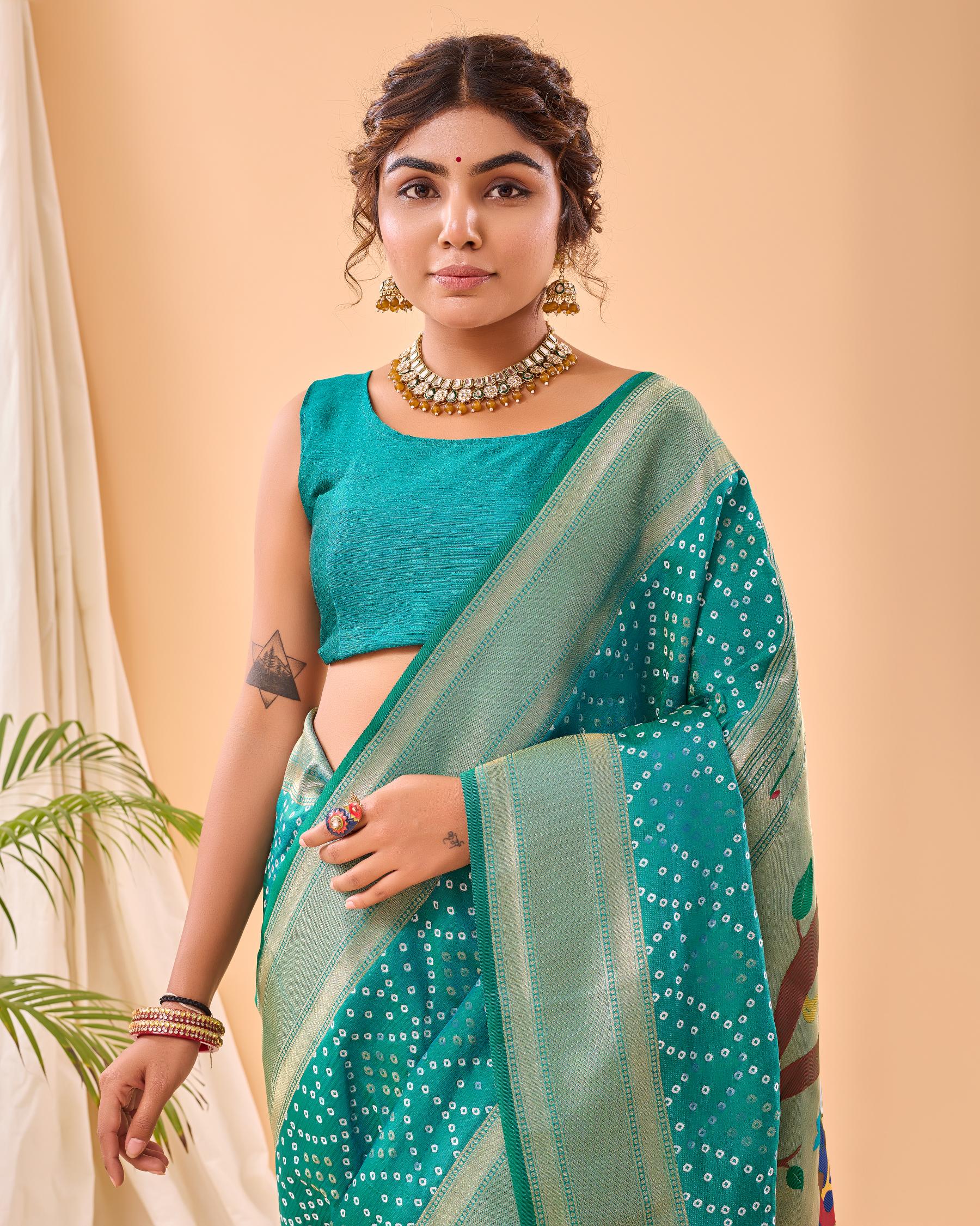 Women's Turquoise Bandhani Silk Saree with Printed Designer Pallu & Zari Border