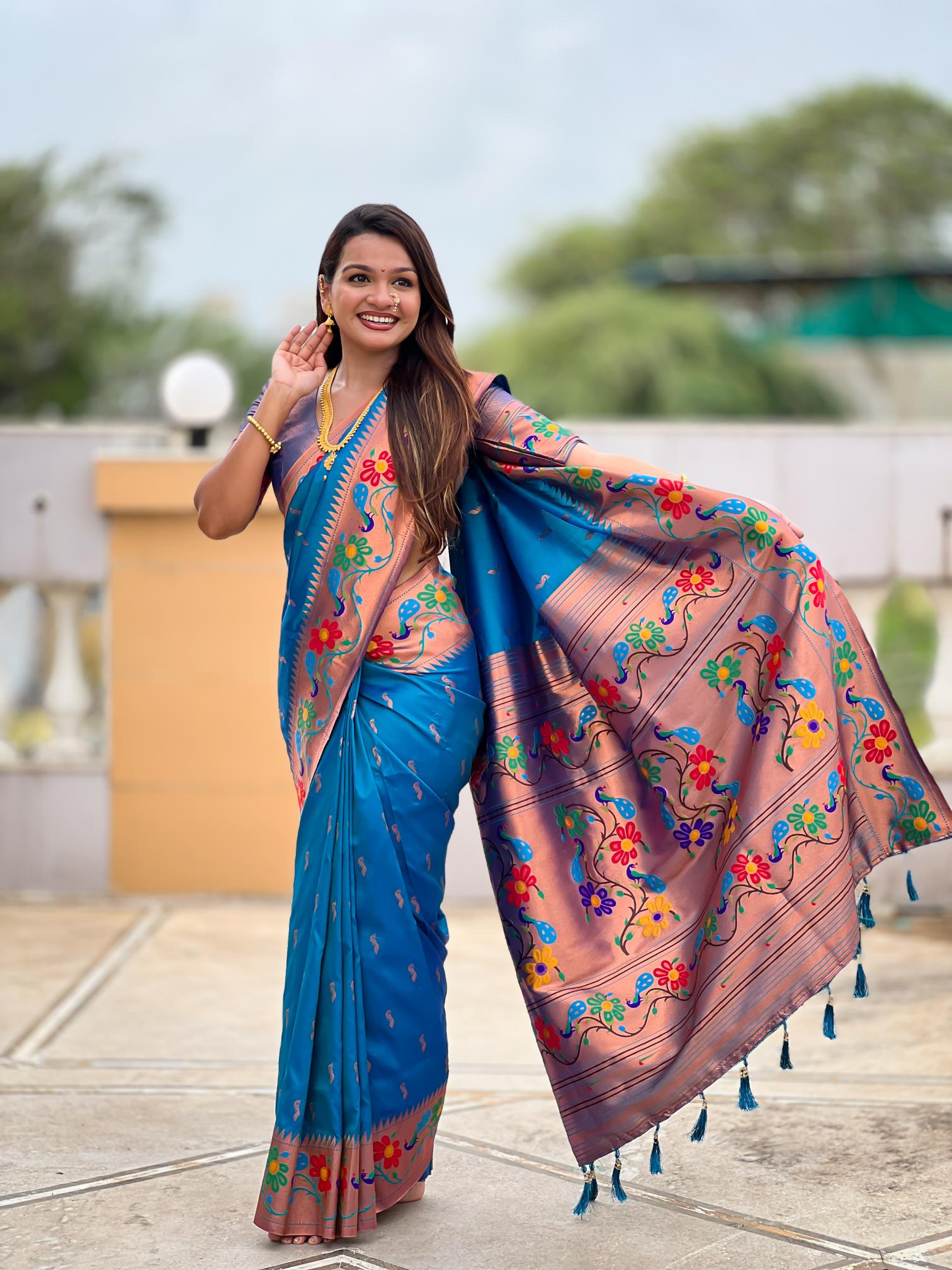Premium Sky Blue Paithani Silk Saree for Women