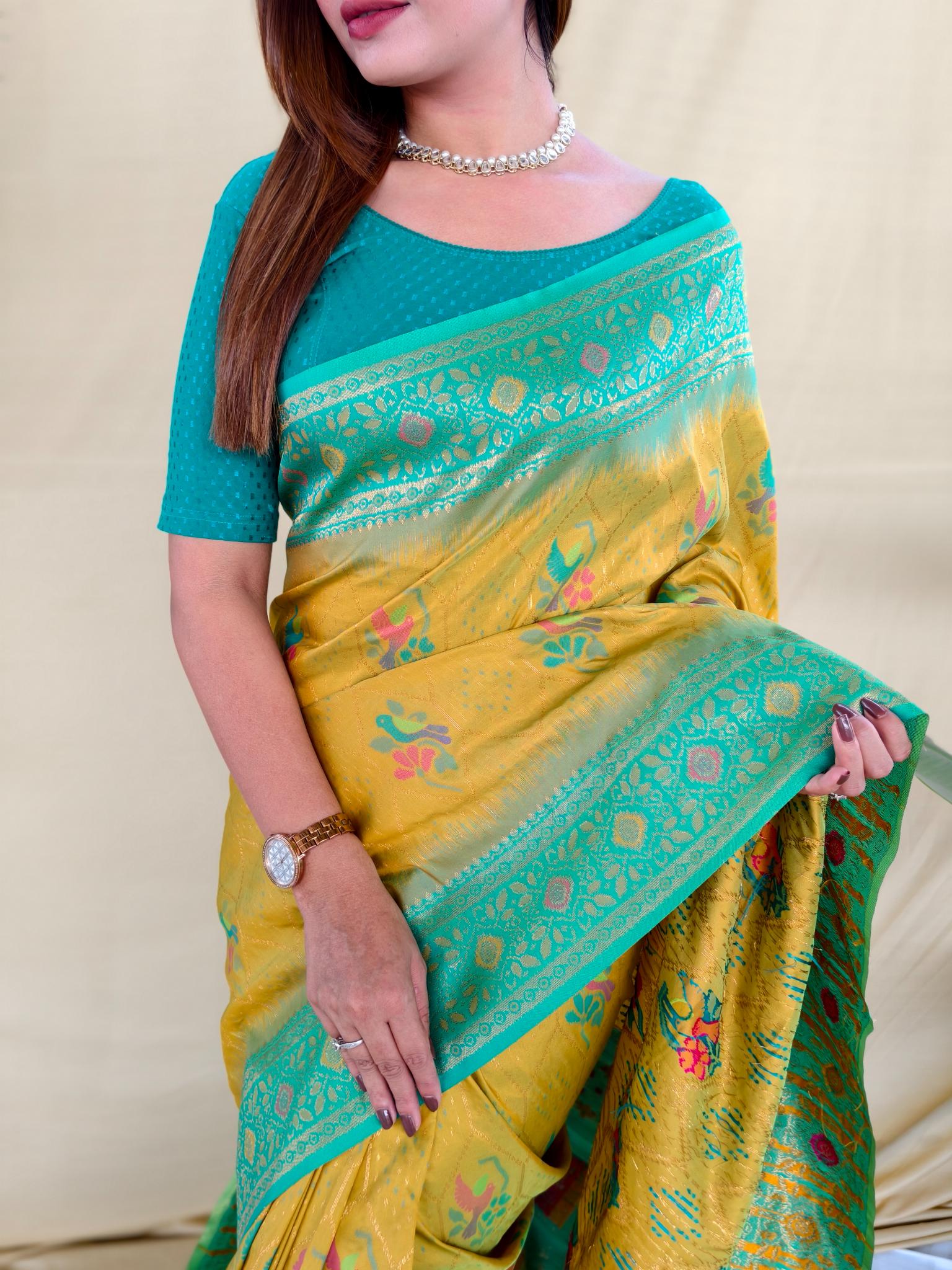 Yellow Banarasi Silk Saree with Sea Green Zari Woven Border & Rich Designer Pallu