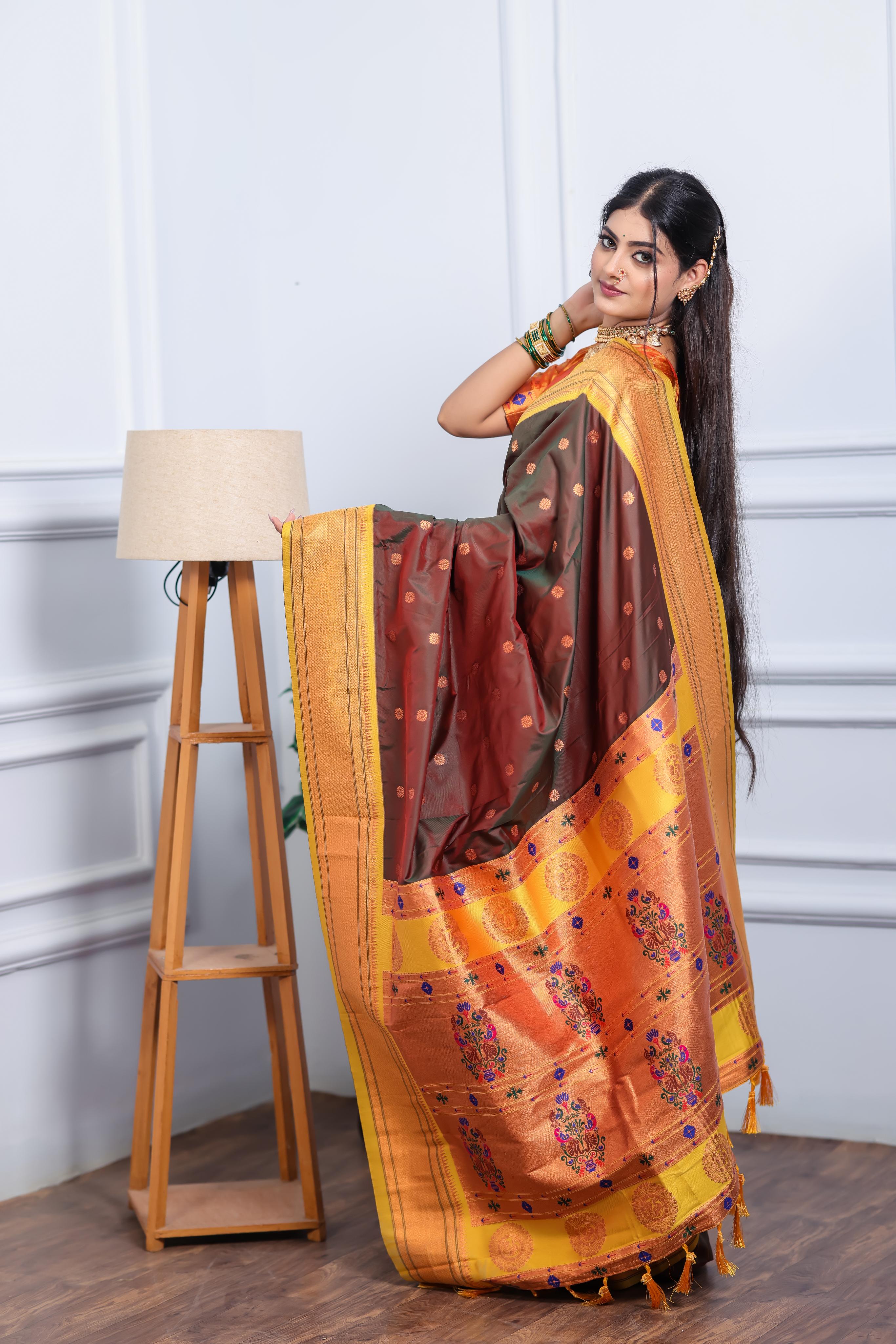 Brown Paithani Silk Saree with Golden Border, Butti Weaving & Designer Pallu