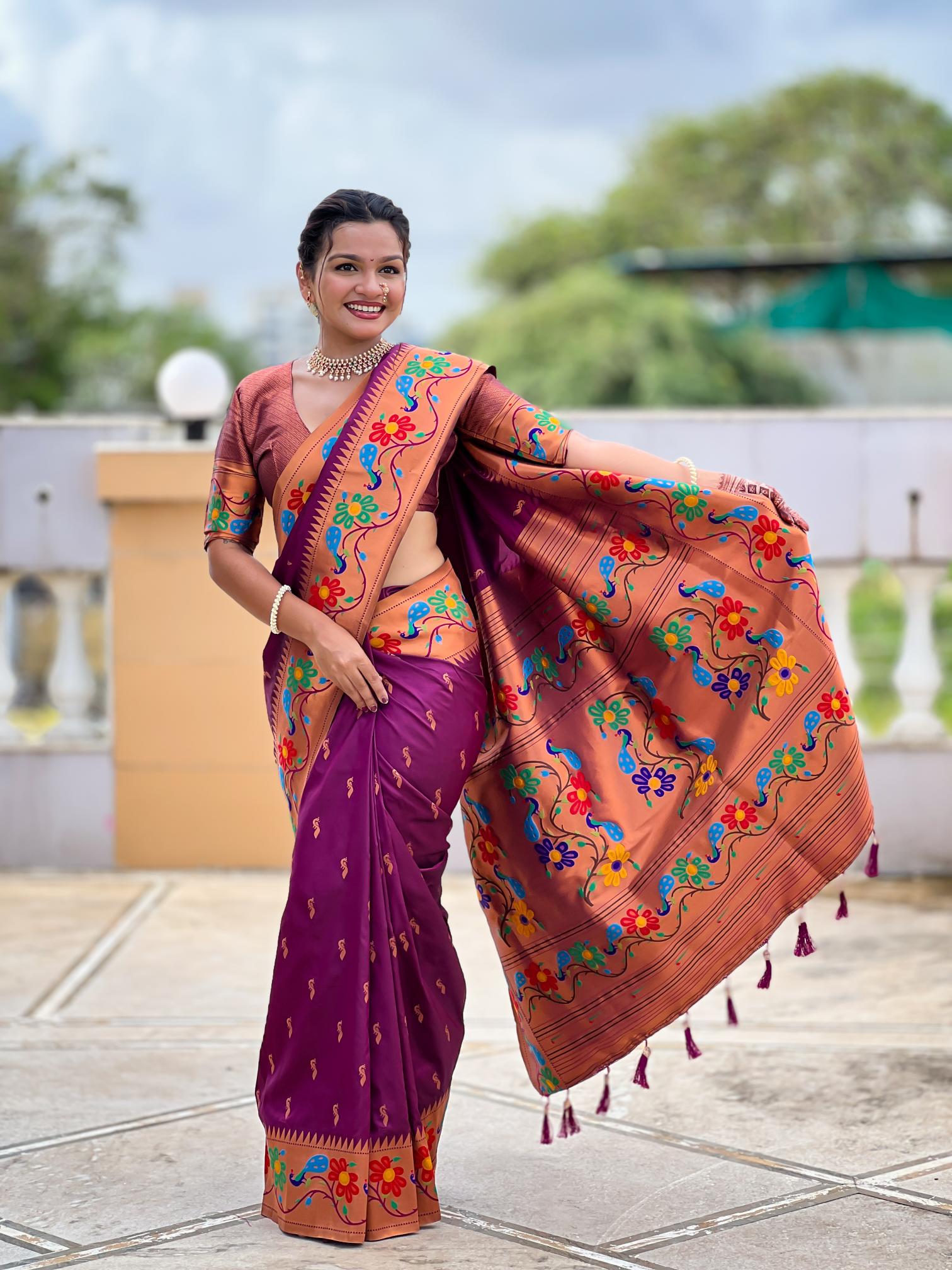 Premium Wine Purple Paithani Silk Saree for Women