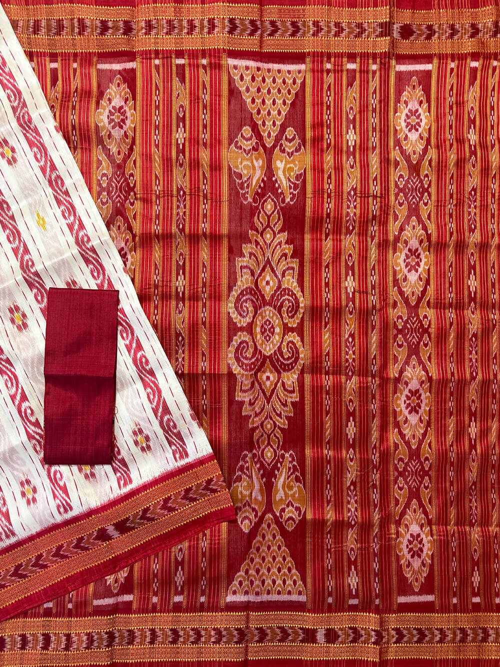 White and Red Pure Silk Handloom Khandua Patta Saree