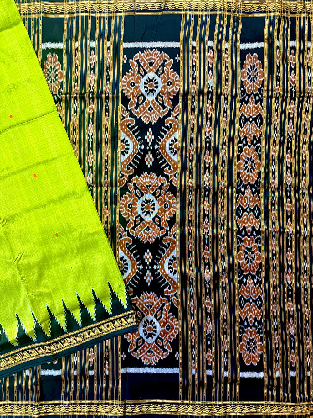Lemon Yellow and Black Dongria Border Pure Silk Handloom Khandua Patta Saree
