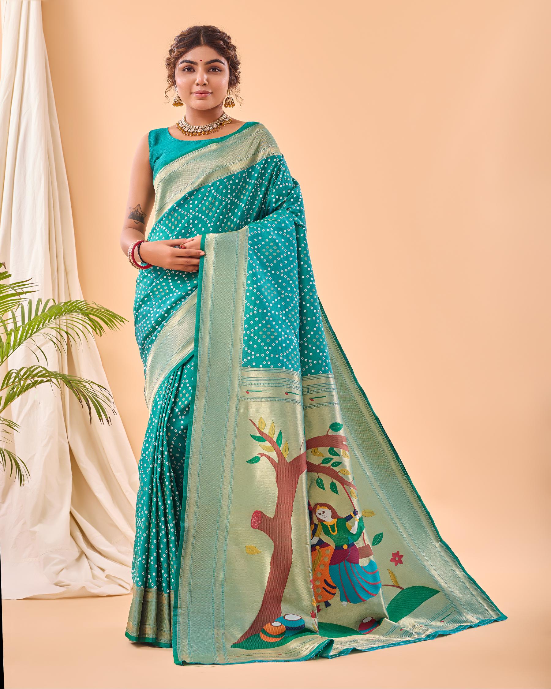 Women's Turquoise Bandhani Silk Saree with Printed Designer Pallu & Zari Border