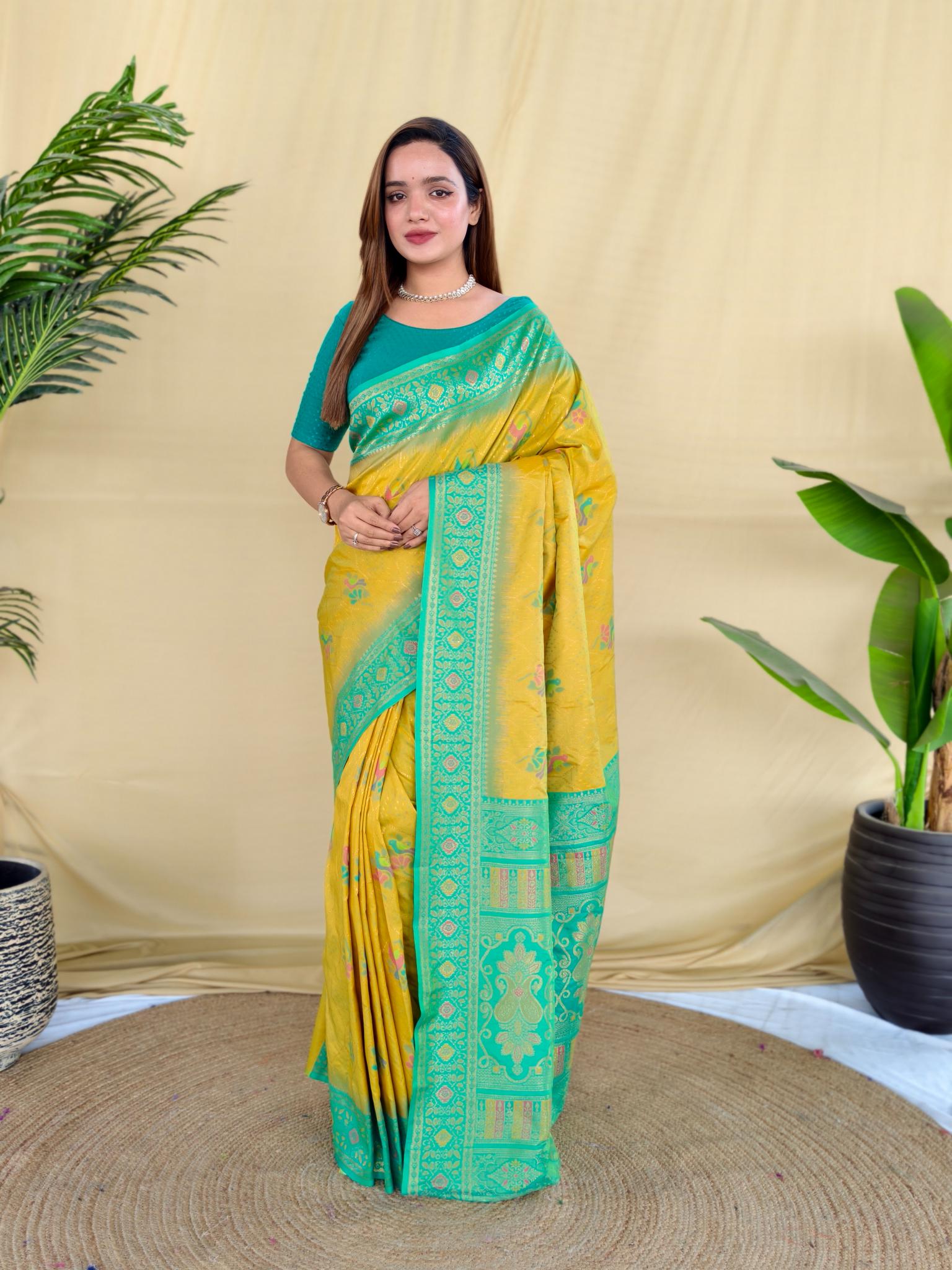 Yellow Banarasi Silk Saree with Sea Green Zari Woven Border & Rich Designer Pallu