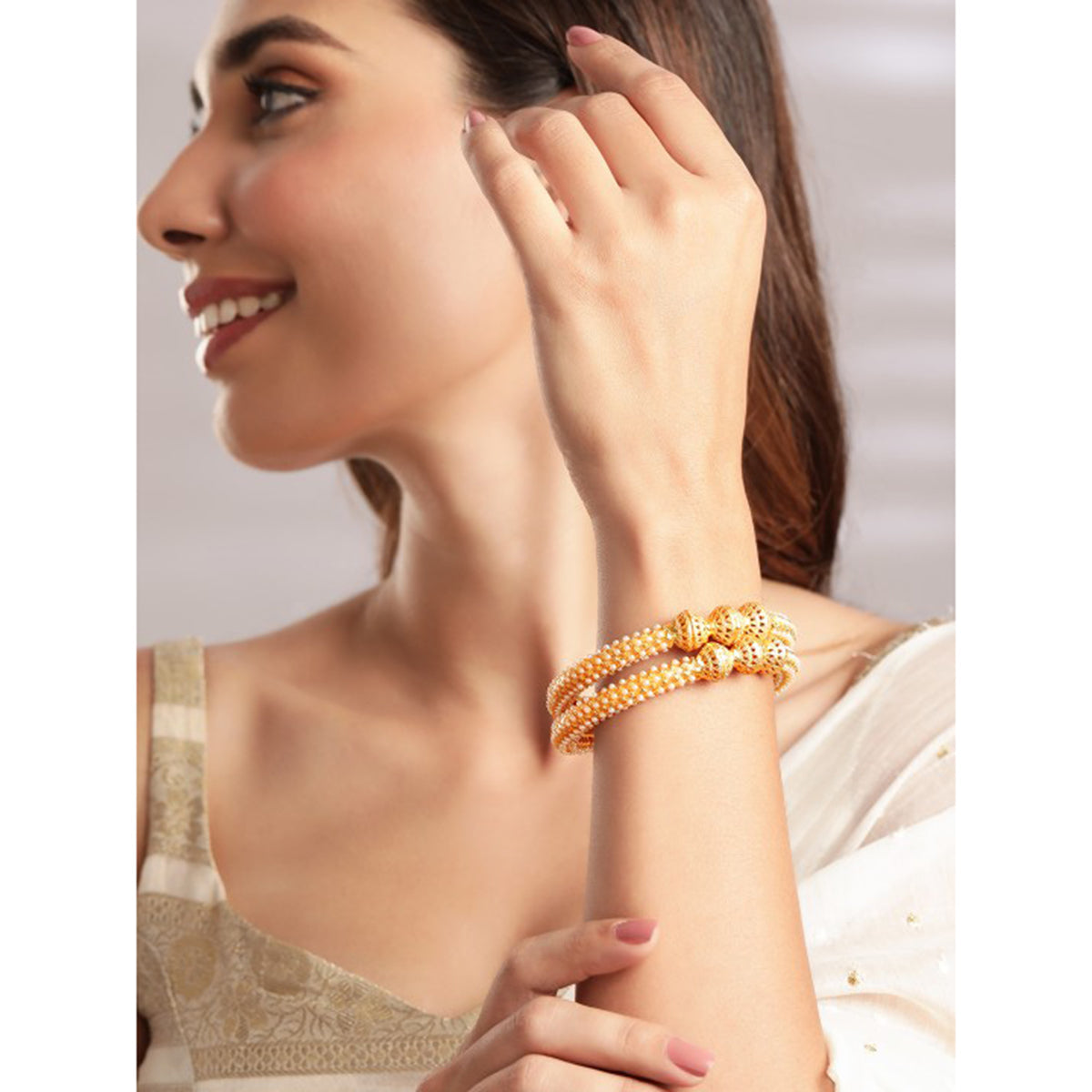 Wentra Set Of 2 Gold-Plated  White Pearls-Studded Handcrafted Bangles