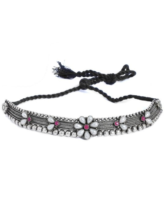 Wentra Silver Plated Handcrafted Oxidised Floral Choker