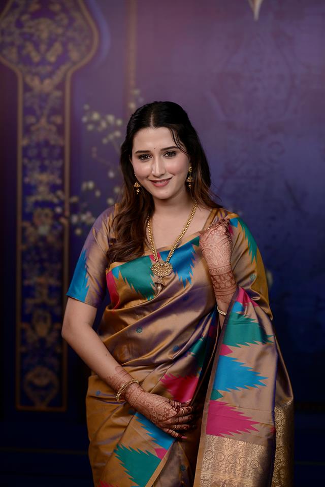 Golden Brown Banarasi Silk Saree with Multicolor Ikat Design & Rich Zari Woven Pallu