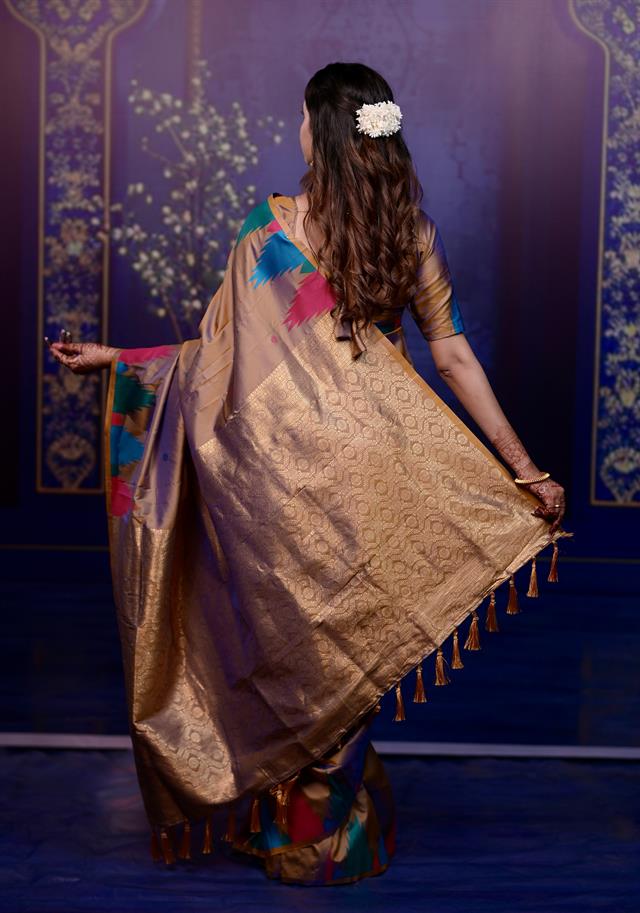Golden Brown Banarasi Silk Saree with Multicolor Ikat Design & Rich Zari Woven Pallu