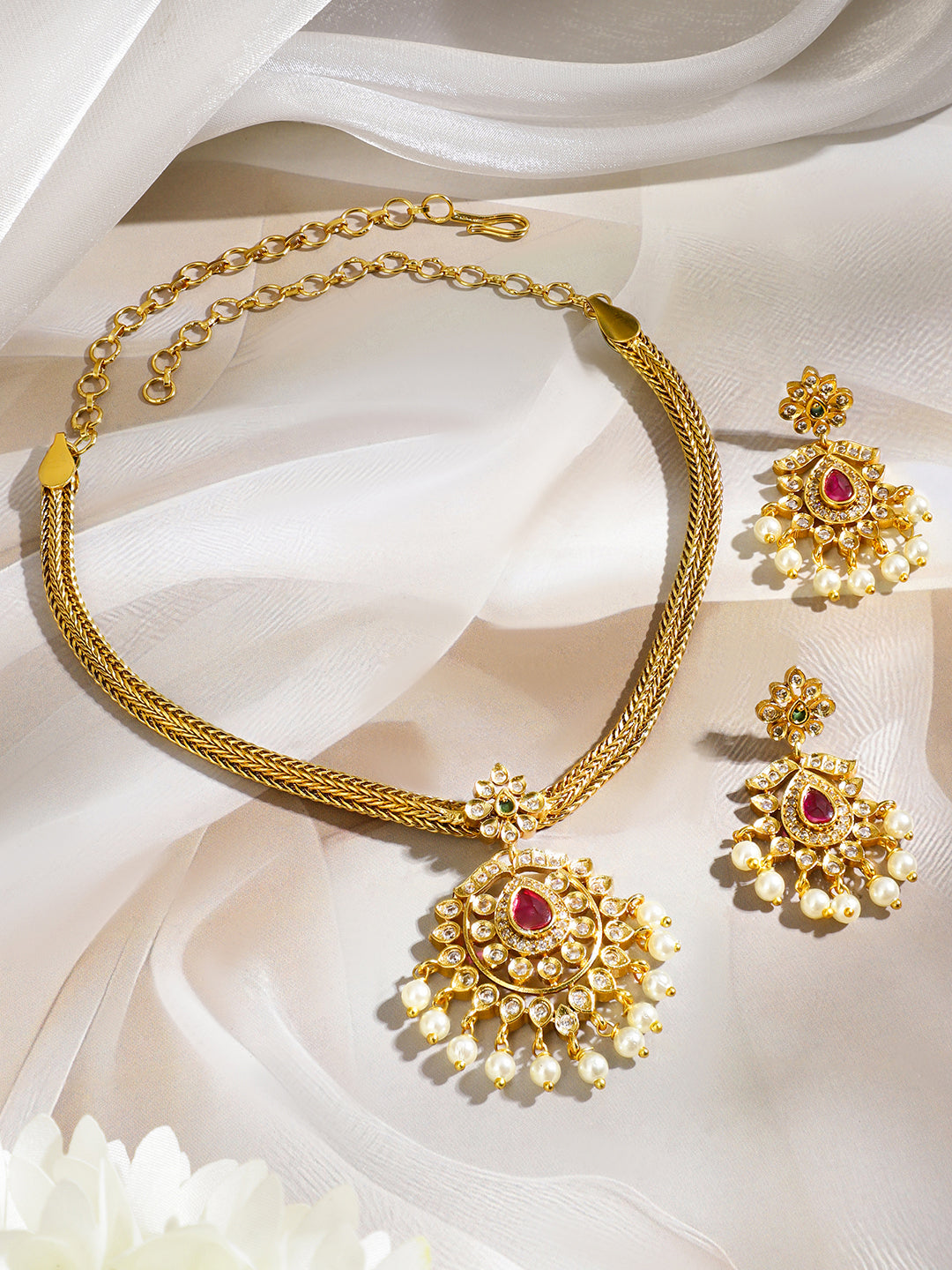 American Diamond Zirconia Necklace Set With Pearl Drops