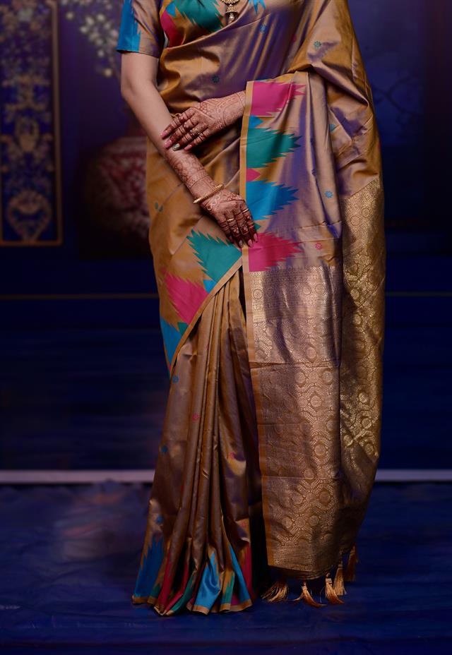 Golden Brown Banarasi Silk Saree with Multicolor Ikat Design & Rich Zari Woven Pallu