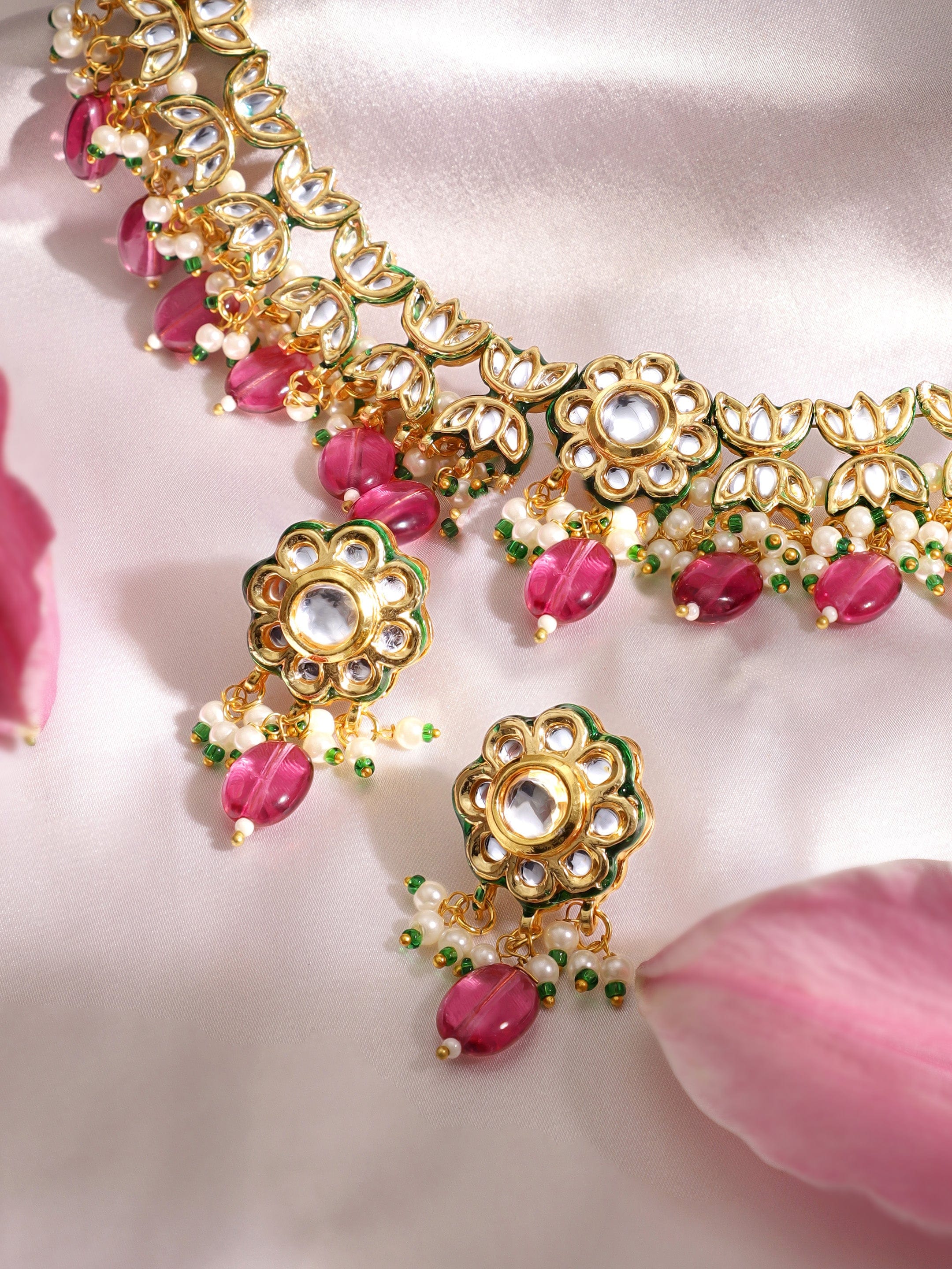 22K Gold plated Kundan crystal studded pearls and purple Gem Beads floral Regal Necklace Set