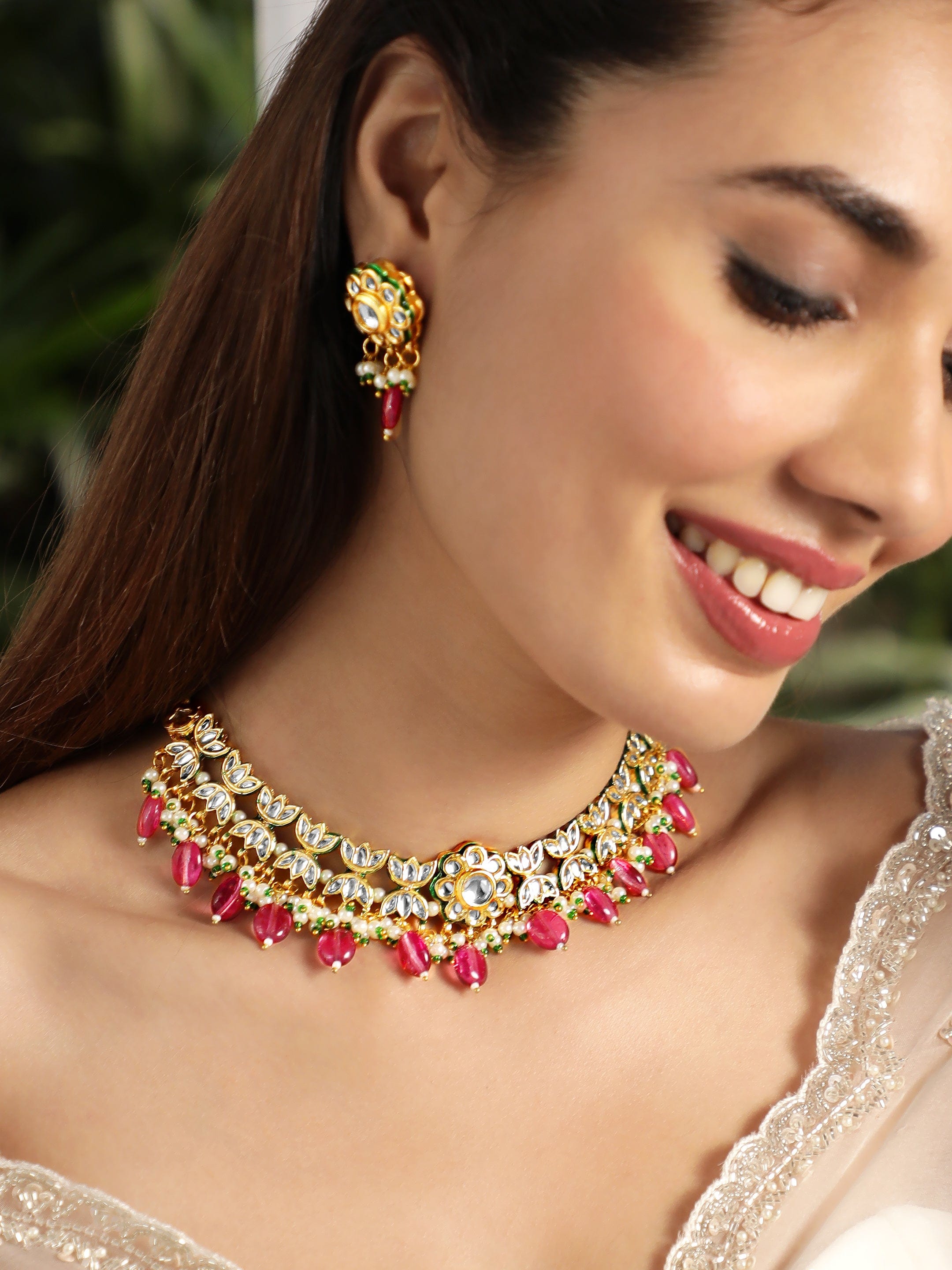 22K Gold plated Kundan crystal studded pearls and purple Gem Beads floral Regal Necklace Set