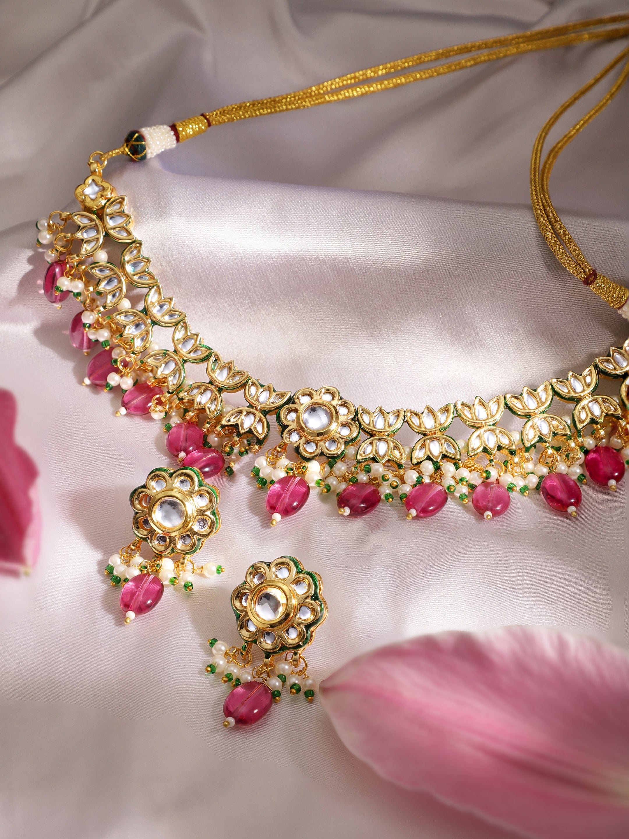 22K Gold plated Kundan crystal studded pearls and purple Gem Beads floral Regal Necklace Set