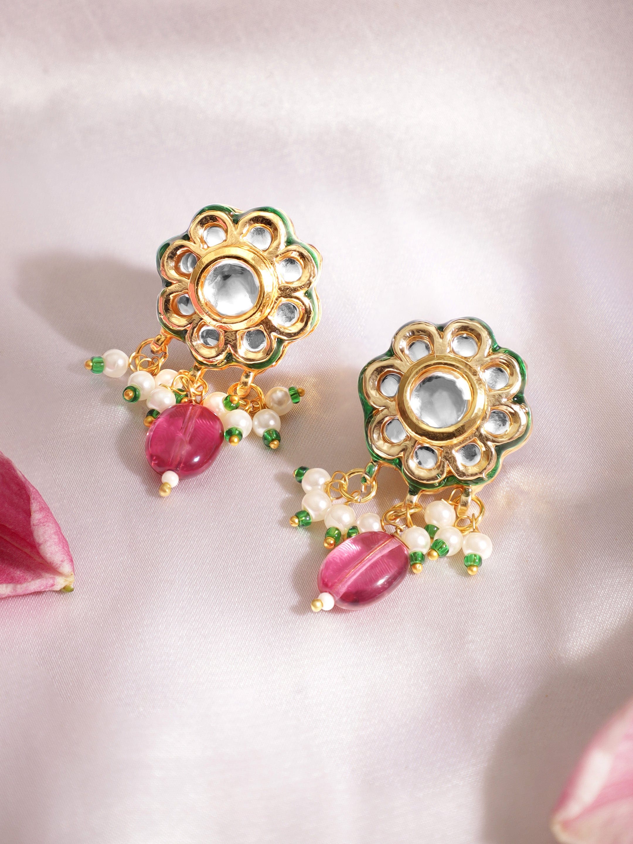 22K Gold plated Kundan crystal studded pearls and purple Gem Beads floral Regal Necklace Set