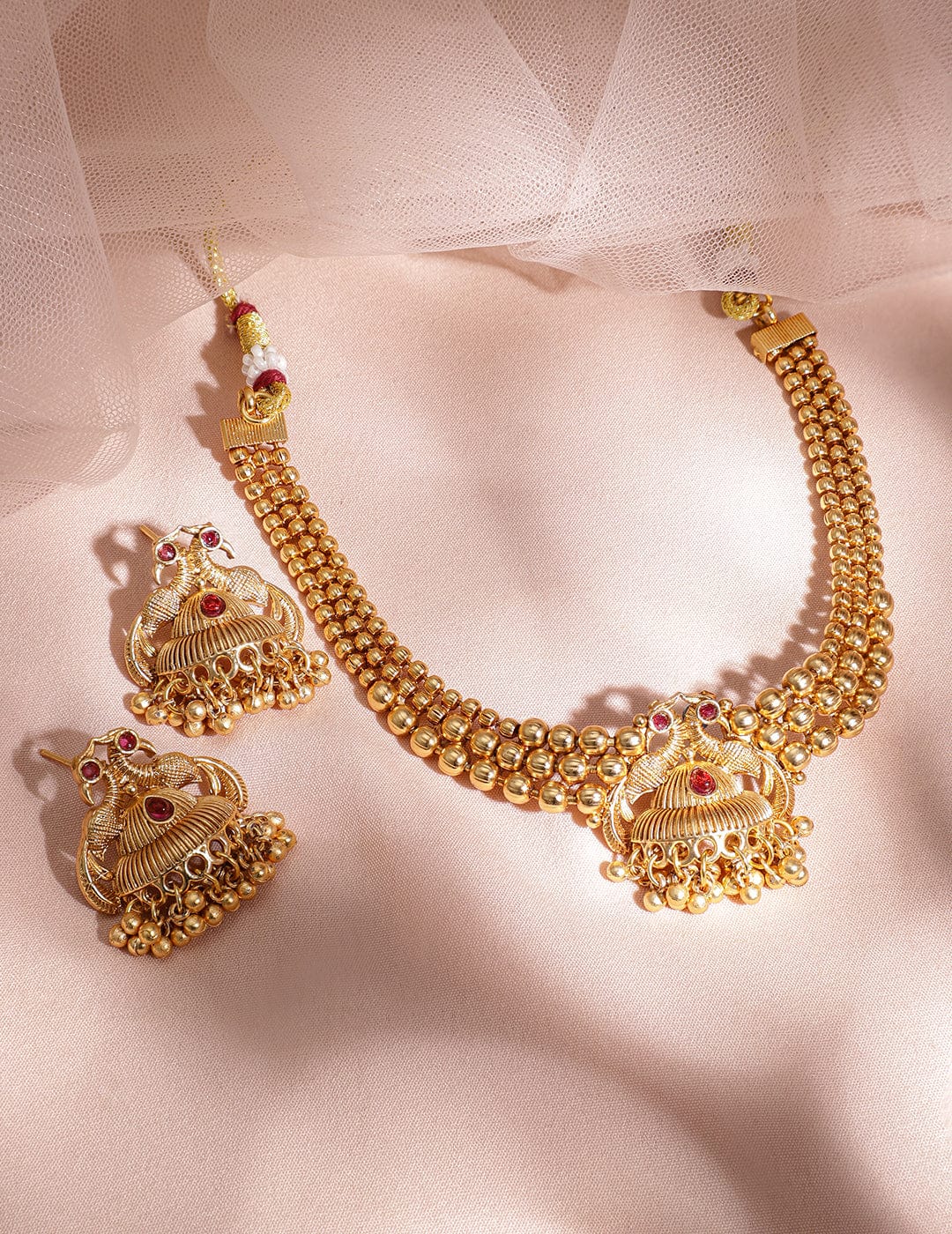 Enchanting Red Short Peacock Necklace Set