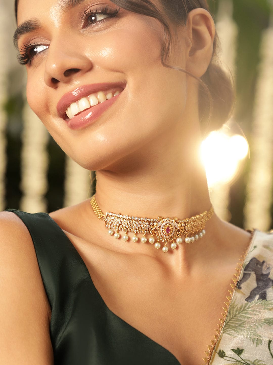 American Diamond Zirconia Gold Toned Pearl Choker
