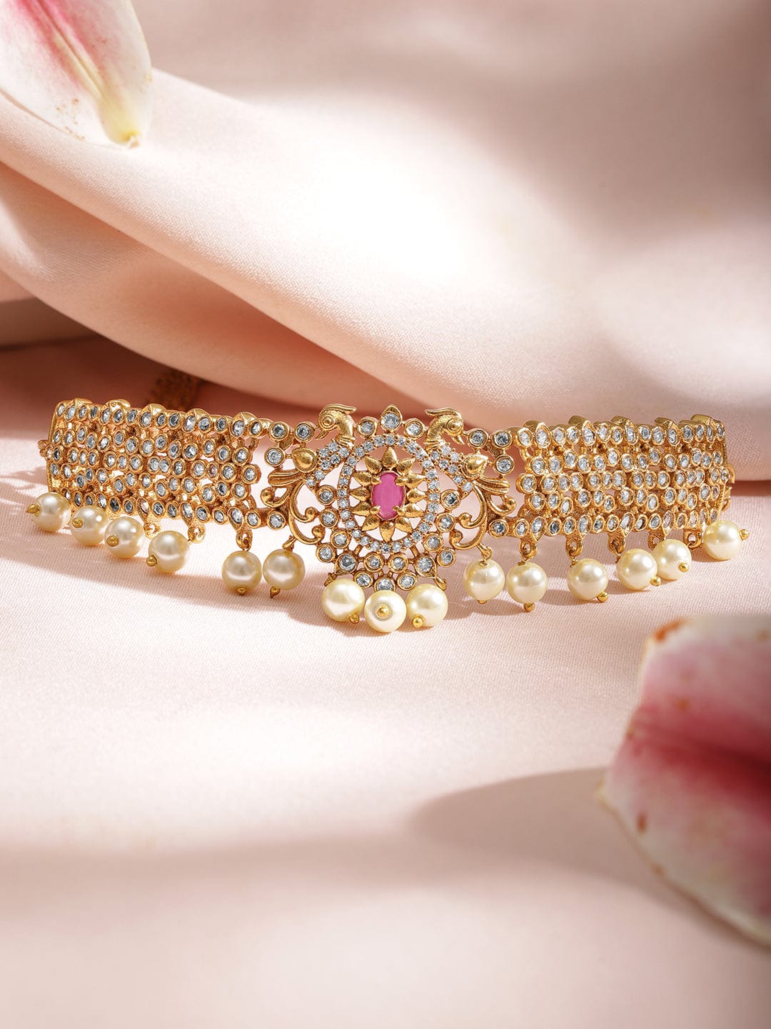 American Diamond Zirconia Gold Toned Pearl Choker