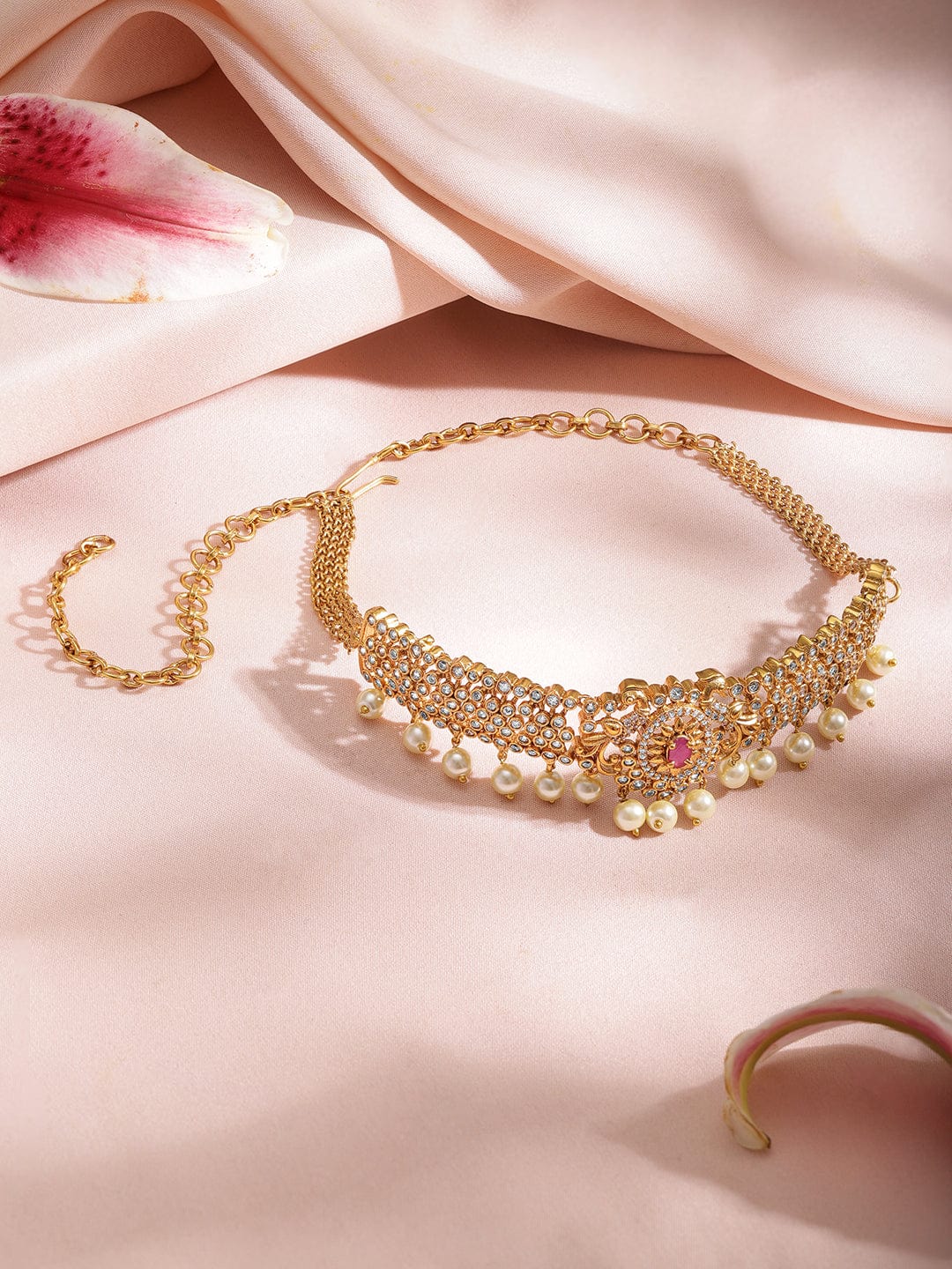 American Diamond Zirconia Gold Toned Pearl Choker