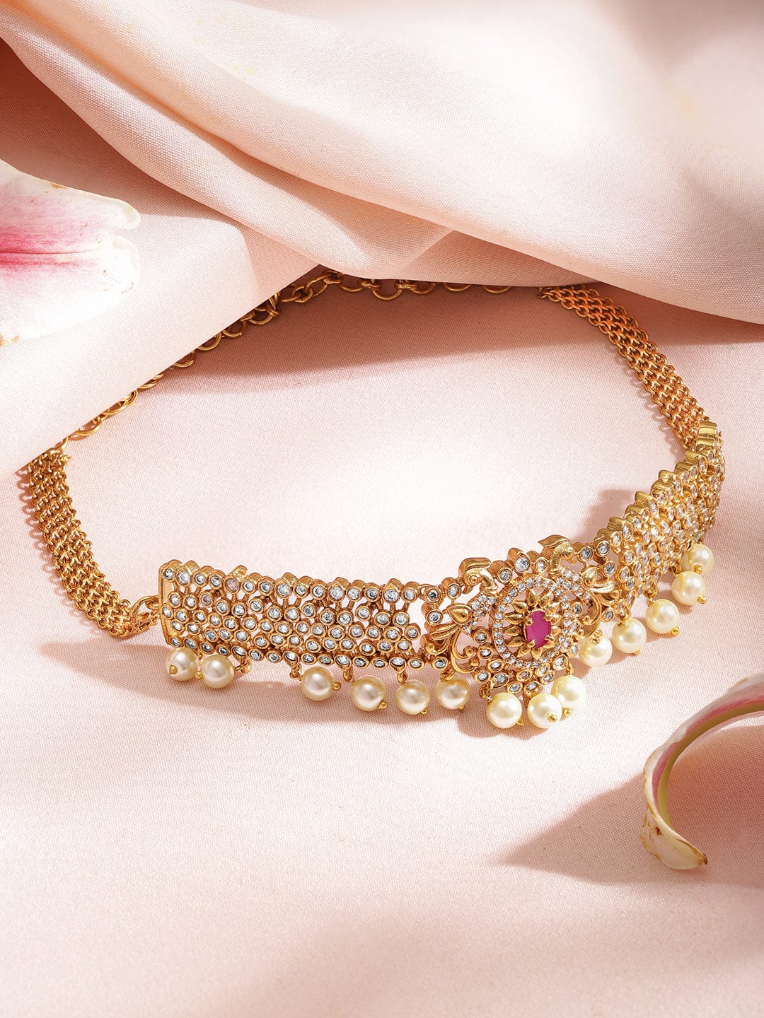 American Diamond Zirconia Gold Toned Pearl Choker