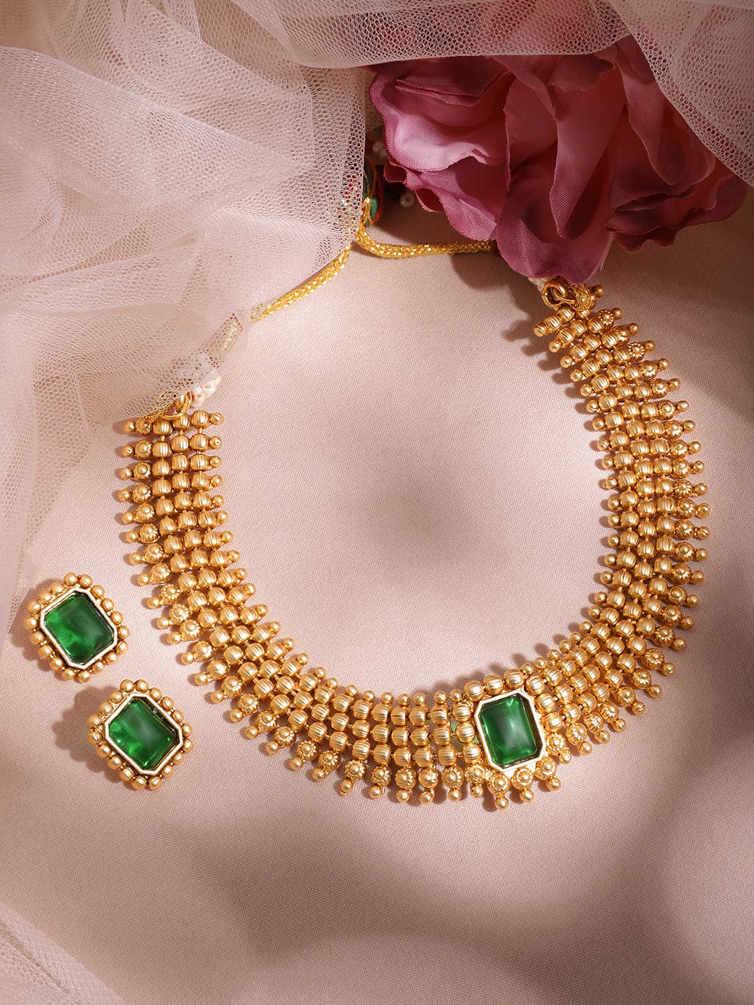 Timeless Green Gold Plated Short Necklace Set