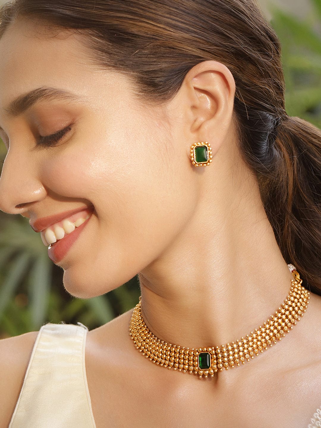 Timeless Green Gold Plated Short Necklace Set