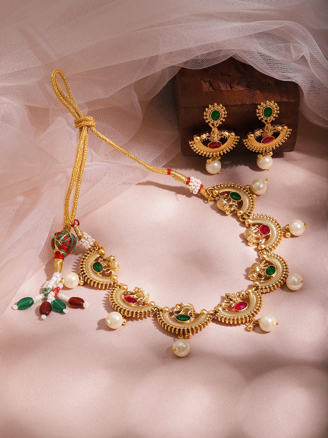 Red & Green Half Moon Pearl Necklace Set