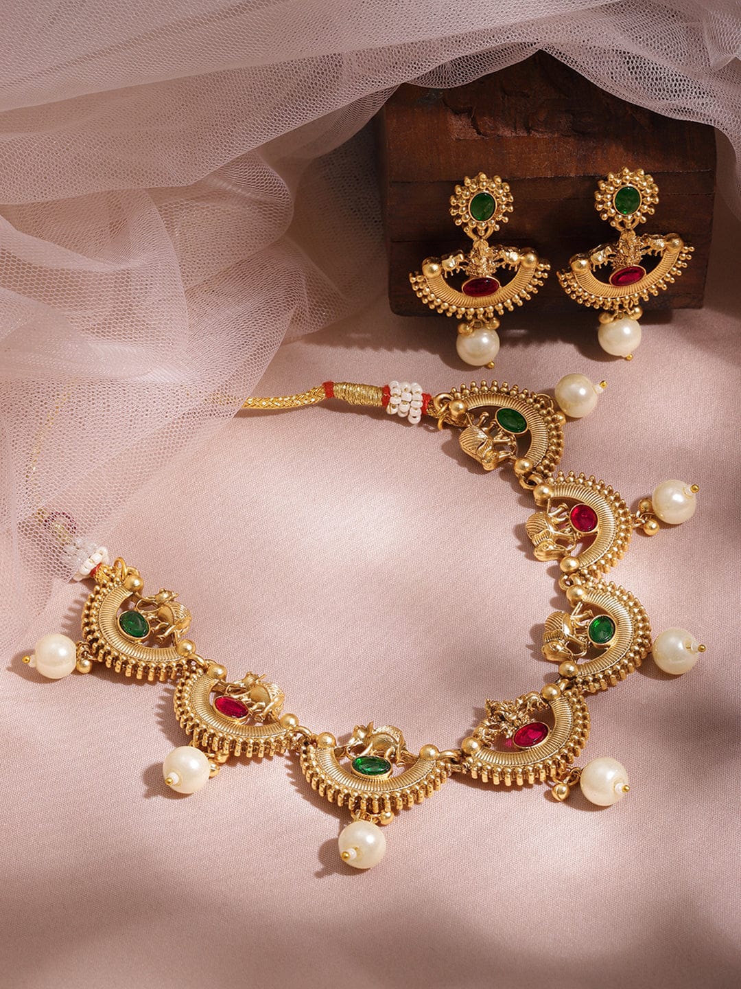 Red & Green Half Moon Pearl Necklace Set