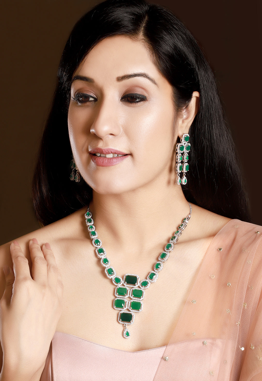Wentra Luxury Silver-Plated Green Stone Studded Emerald Handcrafted Statement Necklace Set
