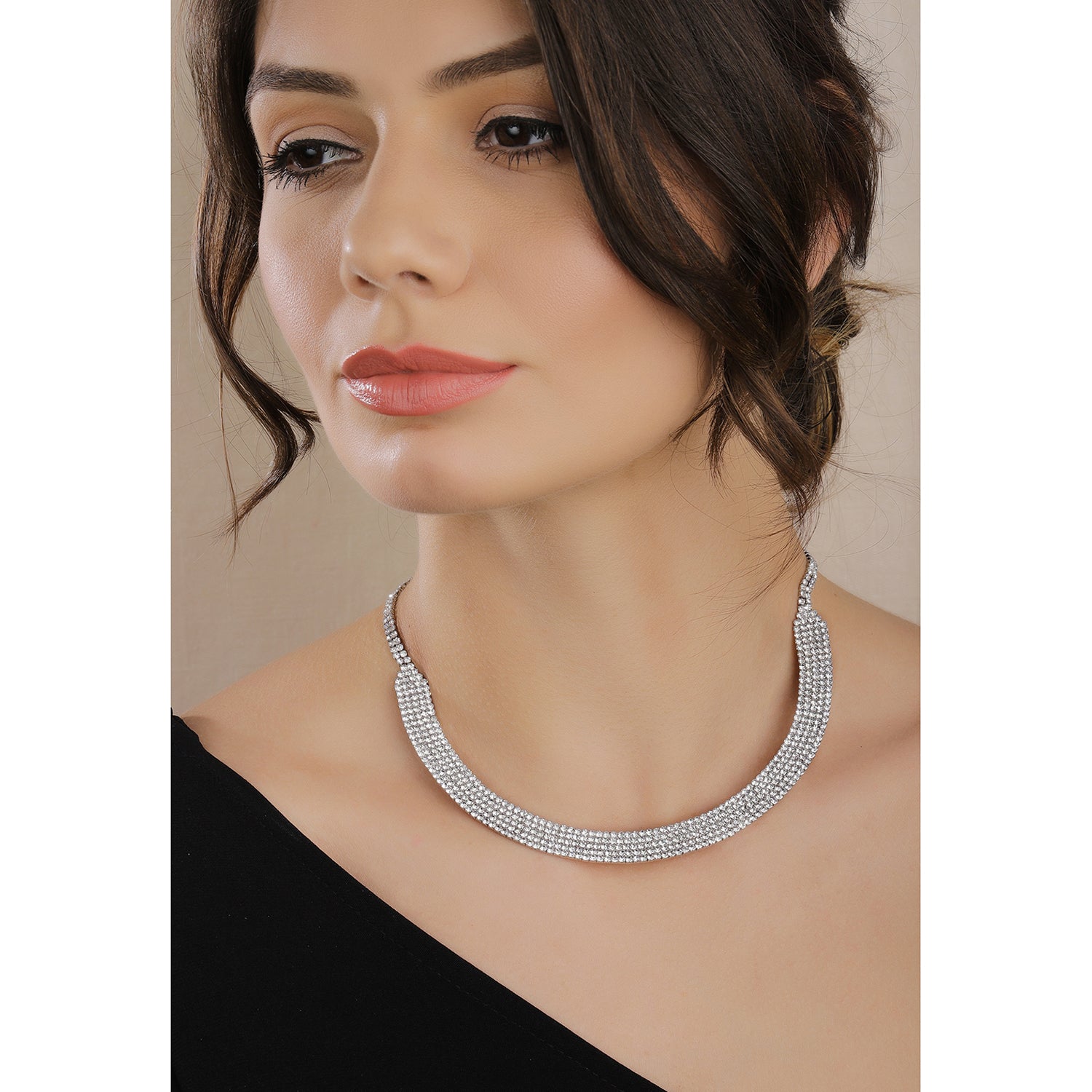 Wentra Silver Toned Handcrafted Rhinestone Necklace