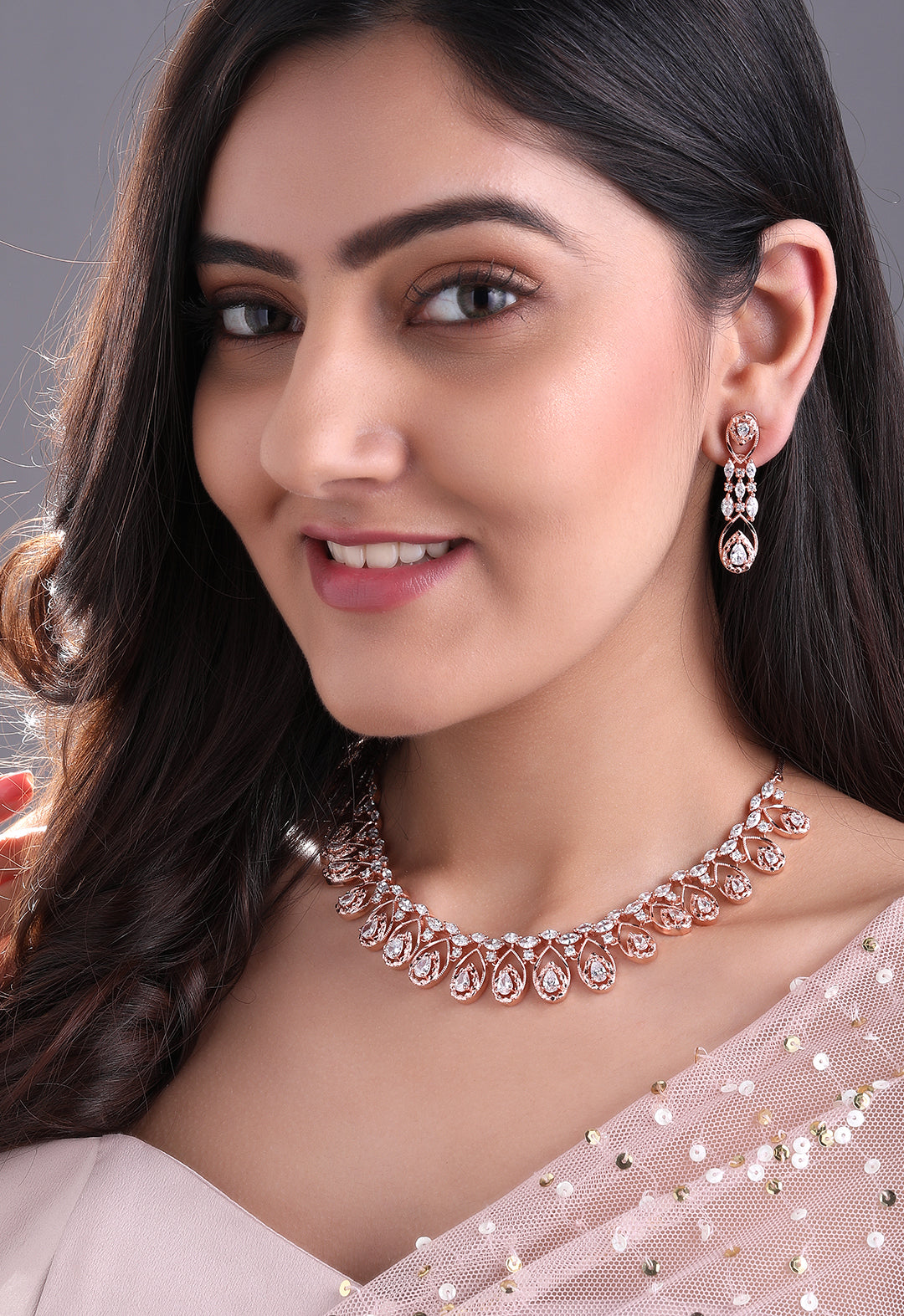 Wentra Zircon Studded Handcrafted Rose Gold Plated Statement Necklace Set
