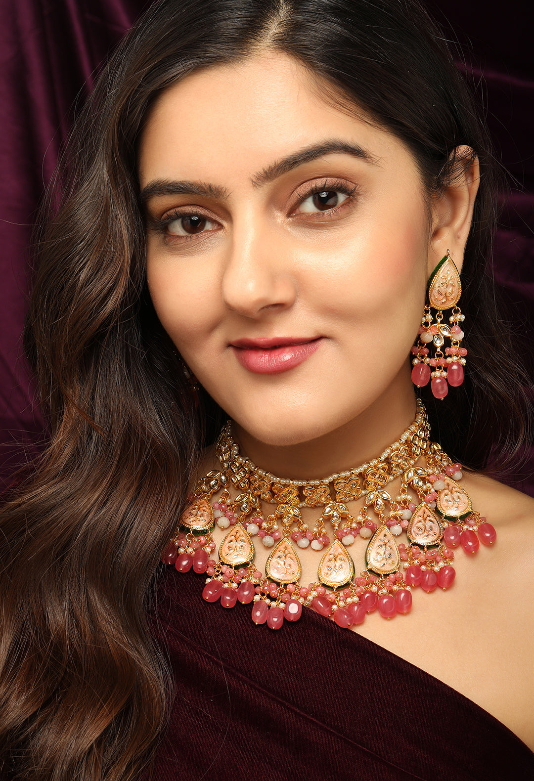 Wentra Luxury 24K Gold Plated Handcrafted Pink Enamel & Pachi Kundan with Pearls Beaded Necklace Set