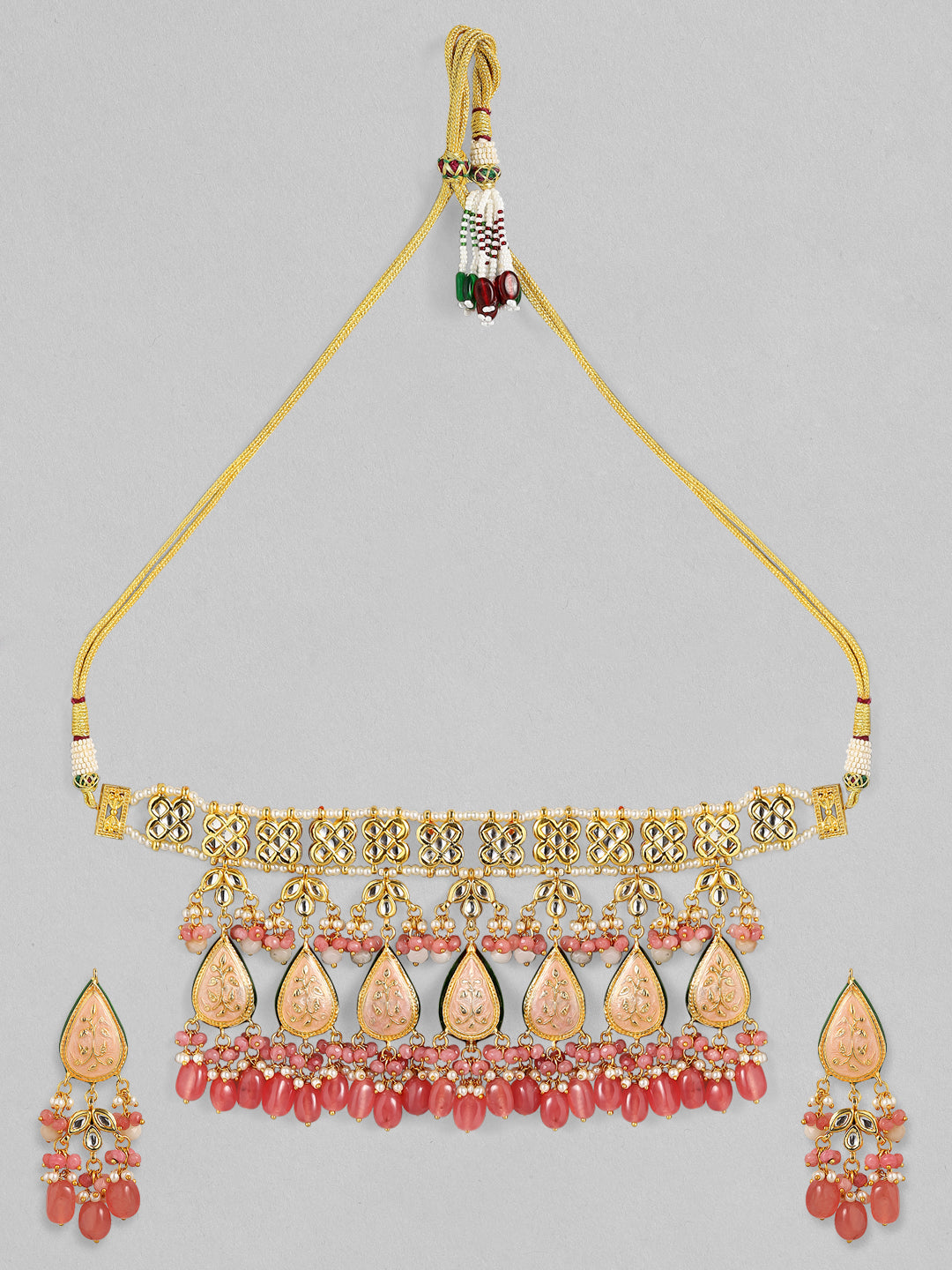 Wentra Luxury 24K Gold Plated Handcrafted Pink Enamel & Pachi Kundan with Pearls Beaded Necklace Set