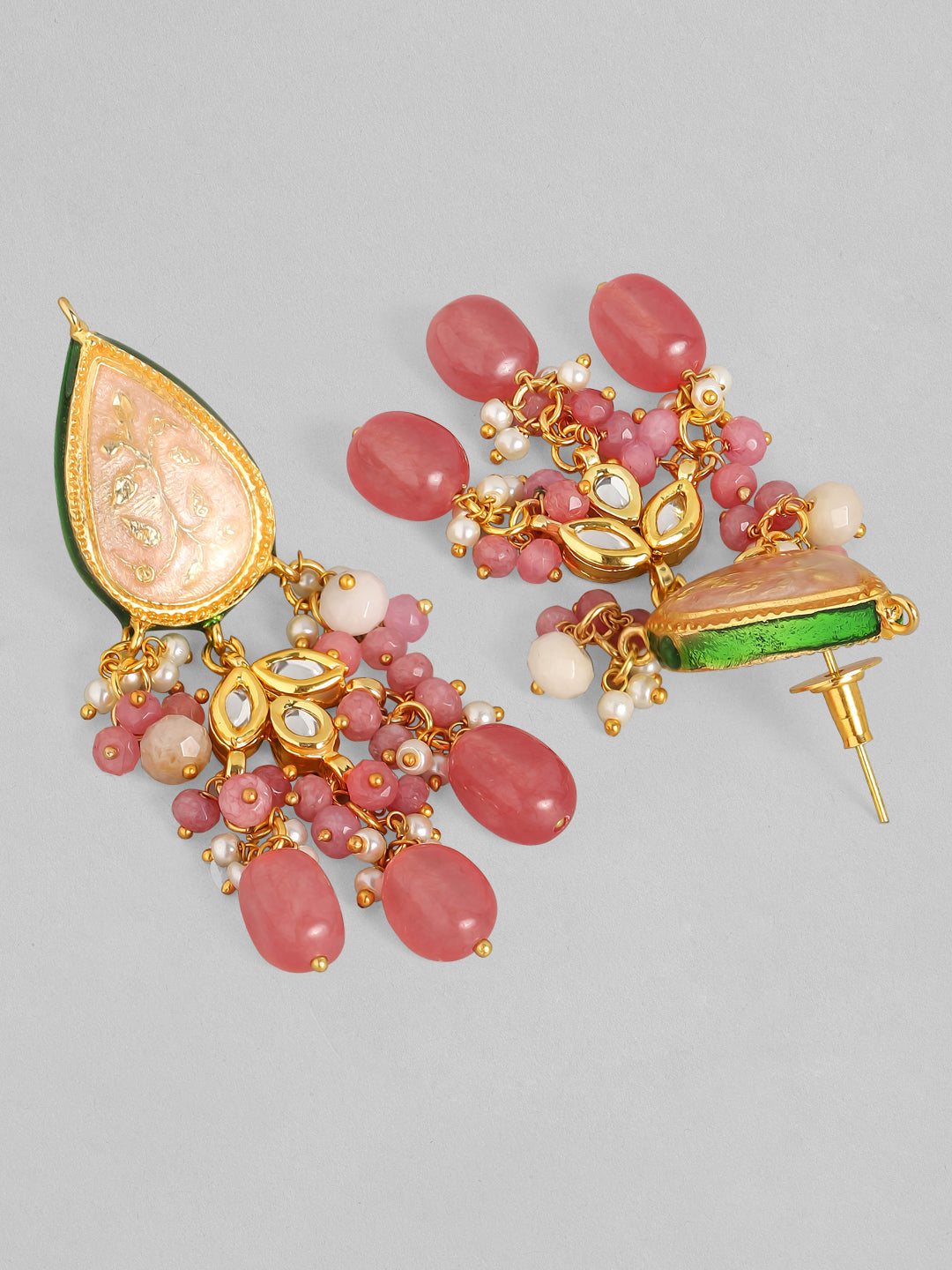 Wentra Luxury 24K Gold Plated Handcrafted Pink Enamel & Pachi Kundan with Pearls Beaded Necklace Set