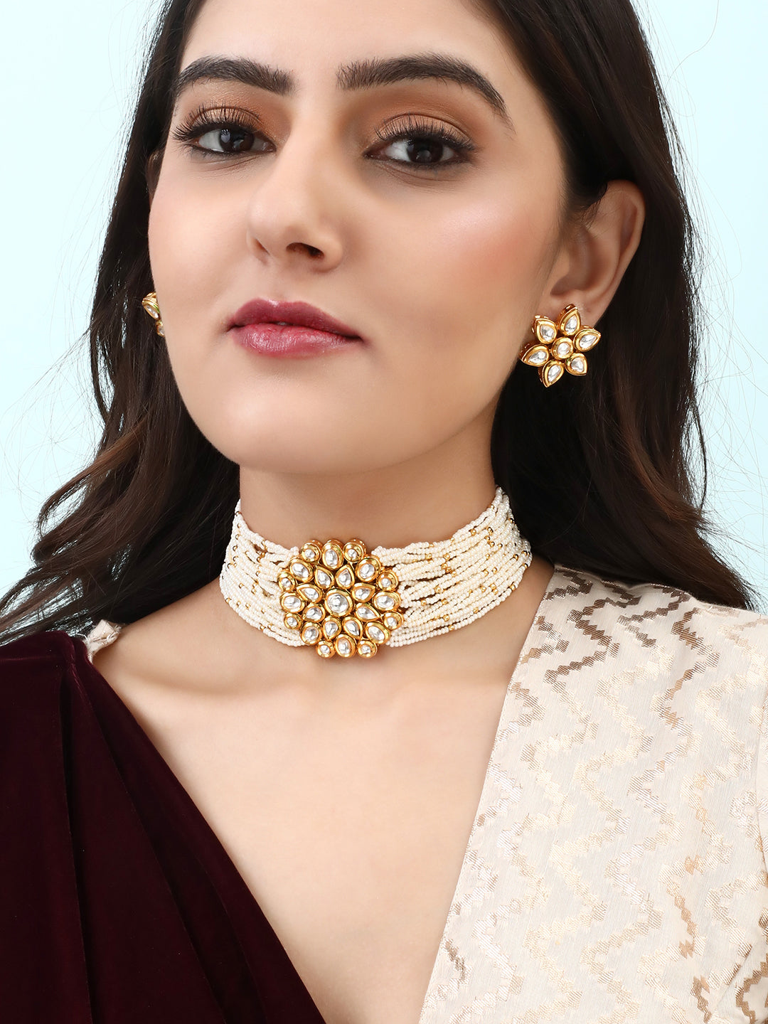 Wentra Luxury 24K Gold Plated Handcrafted Kundan & White Pearls Choker Set