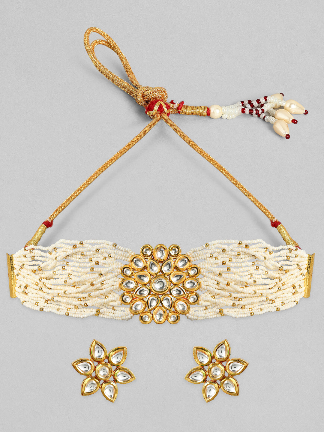 Wentra Luxury 24K Gold Plated Handcrafted Kundan & White Pearls Choker Set