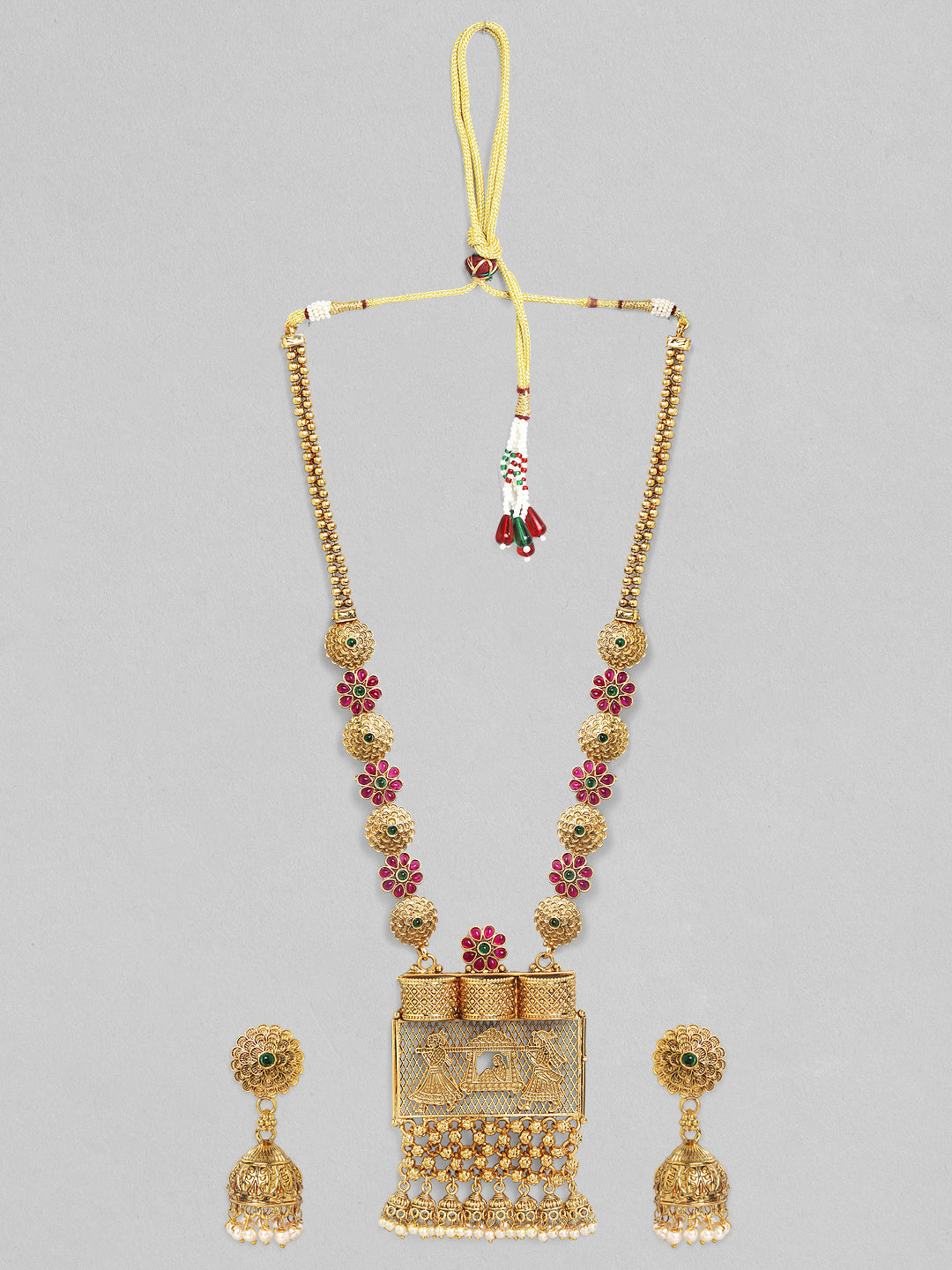 Wentra 24K Gold Plated Handcrafted Ruby Stone Temple Necklace Set
