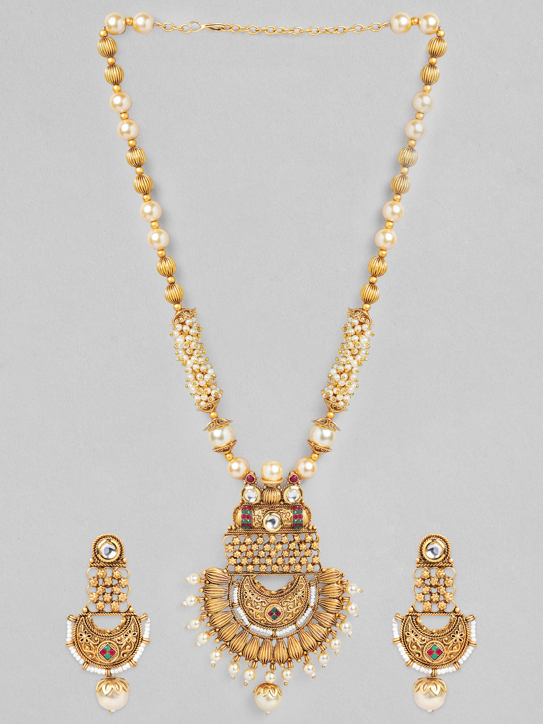 Wentra 22K Gold-Plated White, Red & Green Stone & Gold Pearl Beaded Handcrafted Jewellery Set