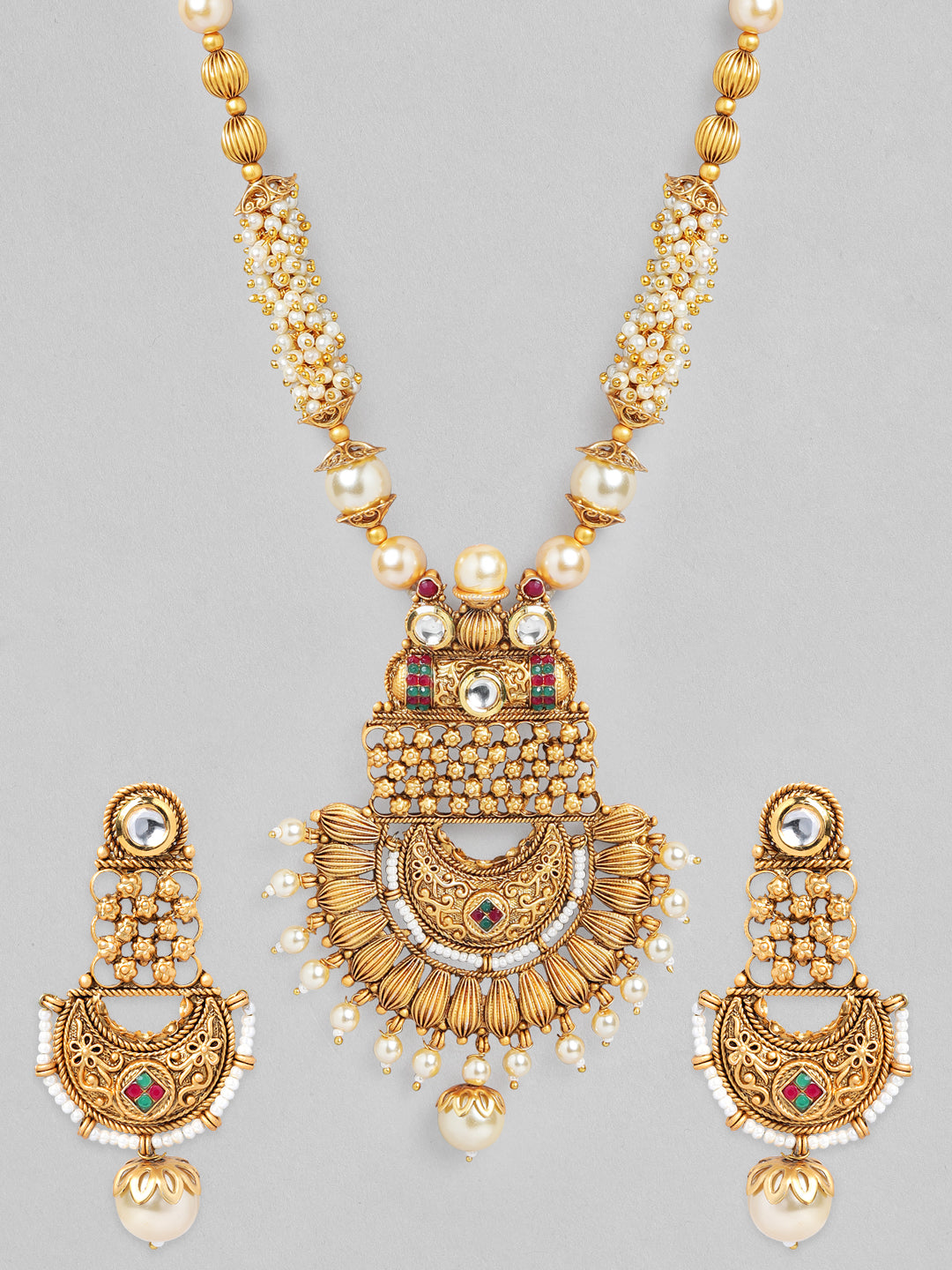 Wentra 22K Gold-Plated White, Red & Green Stone & Gold Pearl Beaded Handcrafted Jewellery Set