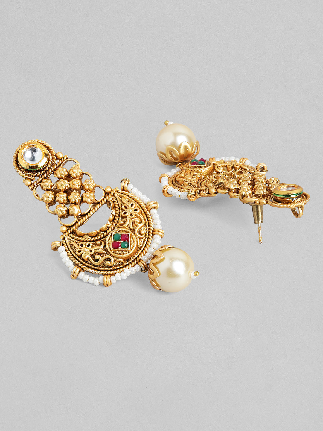 Wentra 22K Gold-Plated White, Red & Green Stone & Gold Pearl Beaded Handcrafted Jewellery Set