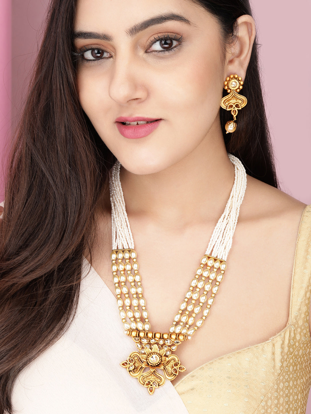 Wentra Gold Plated Handcrafted Kundan & white Beads Necklace Set