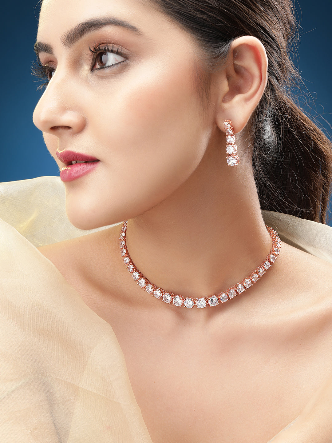 Wentra Rose Gold  Plated Handcrafted Zircon Stone Necklace Set