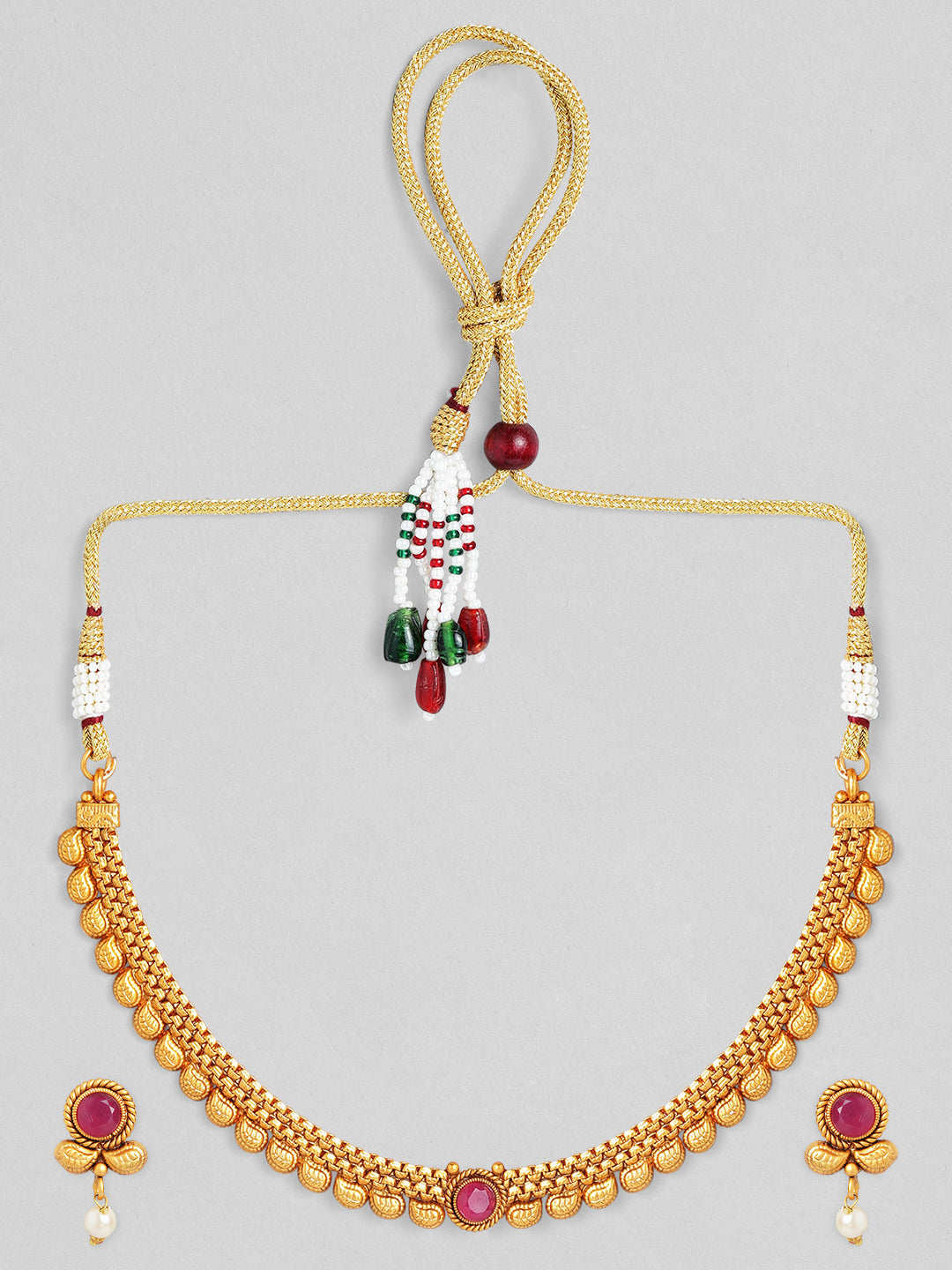 Wentra 18K Gold-Plated Ruby Studded & Pearl Drops Handcrafted Jewellery Set