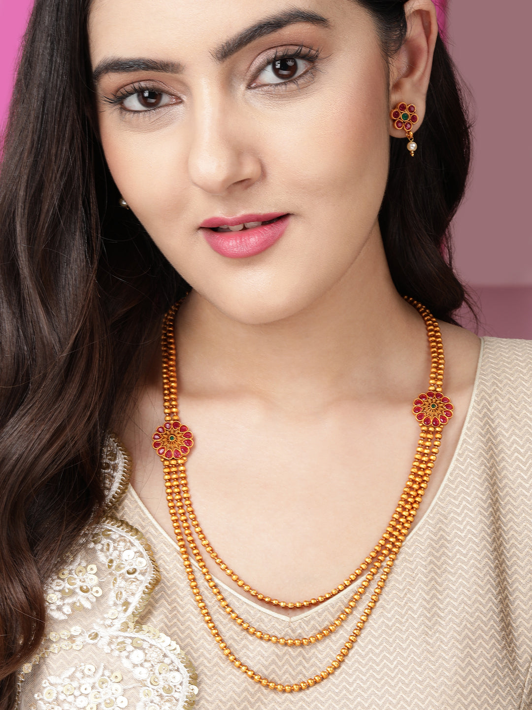 Wentra Traditional 18K Gold Plated Layered Necklace Set With Ruby Stoned Earrings